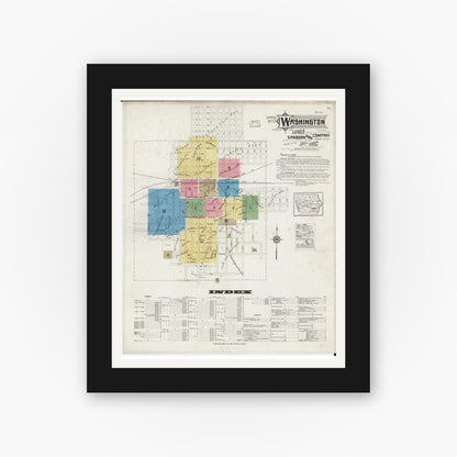 Old map wall art mockup — black gallery frame with white mat — Sanborn Fire Insurance Map from Washington, Washington County, Iowa (1917) â€” Complete Set