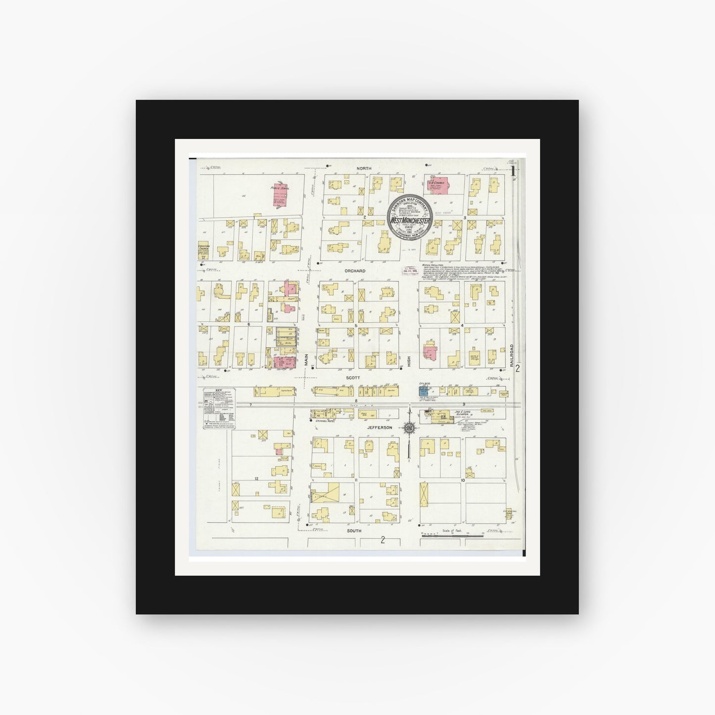 Old map wall art mockup — black gallery frame with white mat — Sanborn Fire Insurance Map from West Manchester, Preble County, Ohio (1911) - Complete Map Set