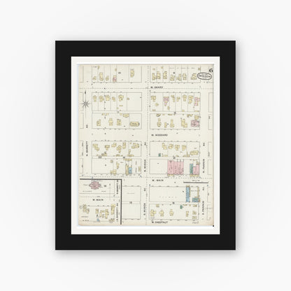 Old map wall art mockup — black gallery frame with white mat — Sanborn Fire Insurance Map from Denison, Grayson County, Texas (1888), Sheet #0006