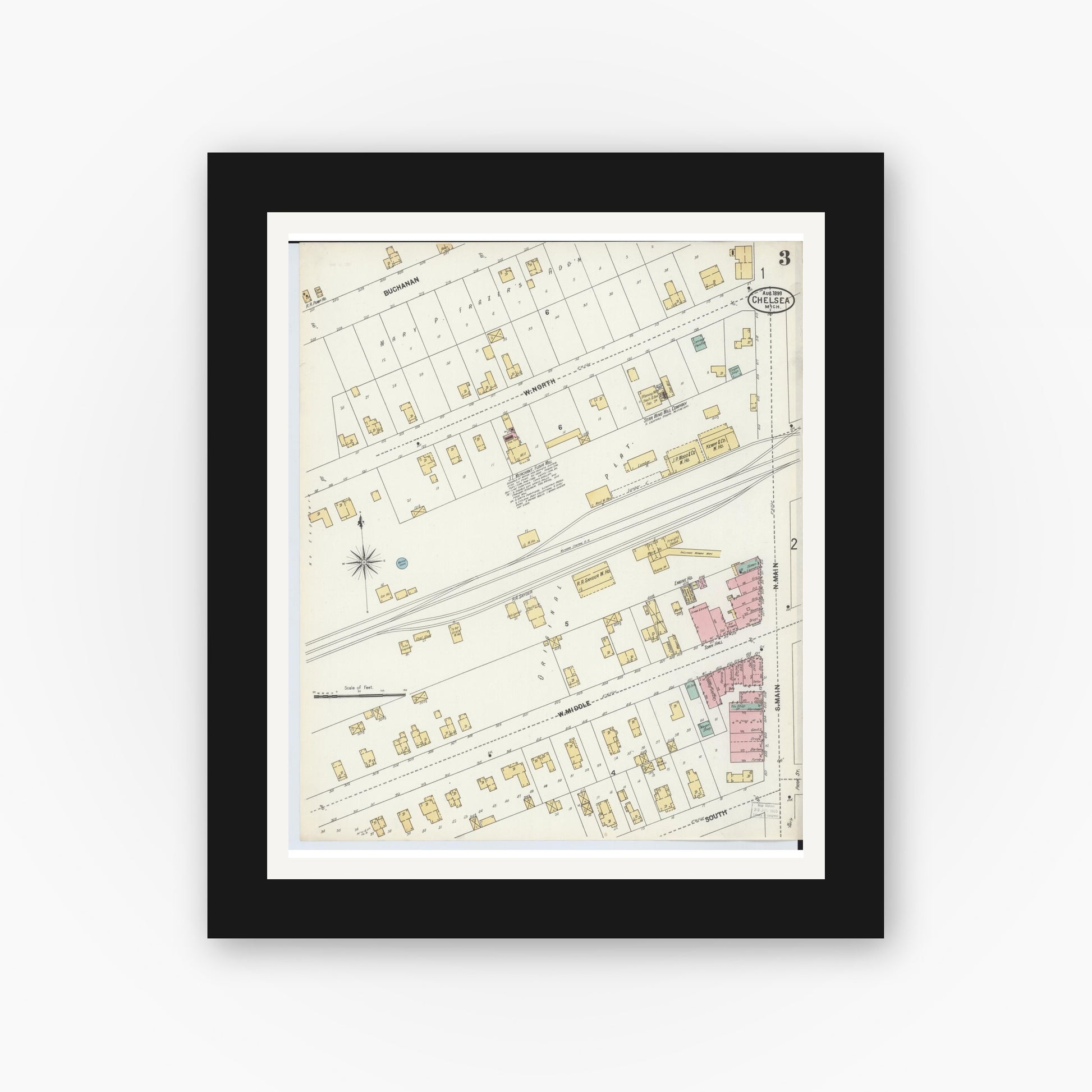 Old map wall art mockup — black gallery frame with white mat — Sanborn Fire Insurance Map from Chelsea, Washtenaw County, Michigan (1899), Sheet #0003