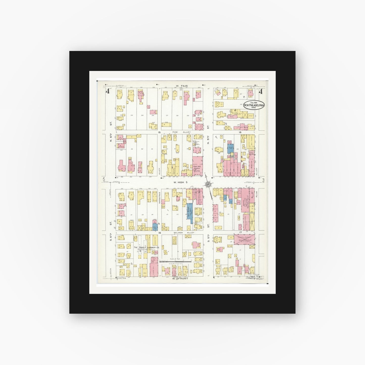 Old map wall art mockup — black gallery frame with white mat — Sanborn Fire Insurance Map from New Philadelphia, Tuscarawas County, Ohio (1926), Sheet #0004