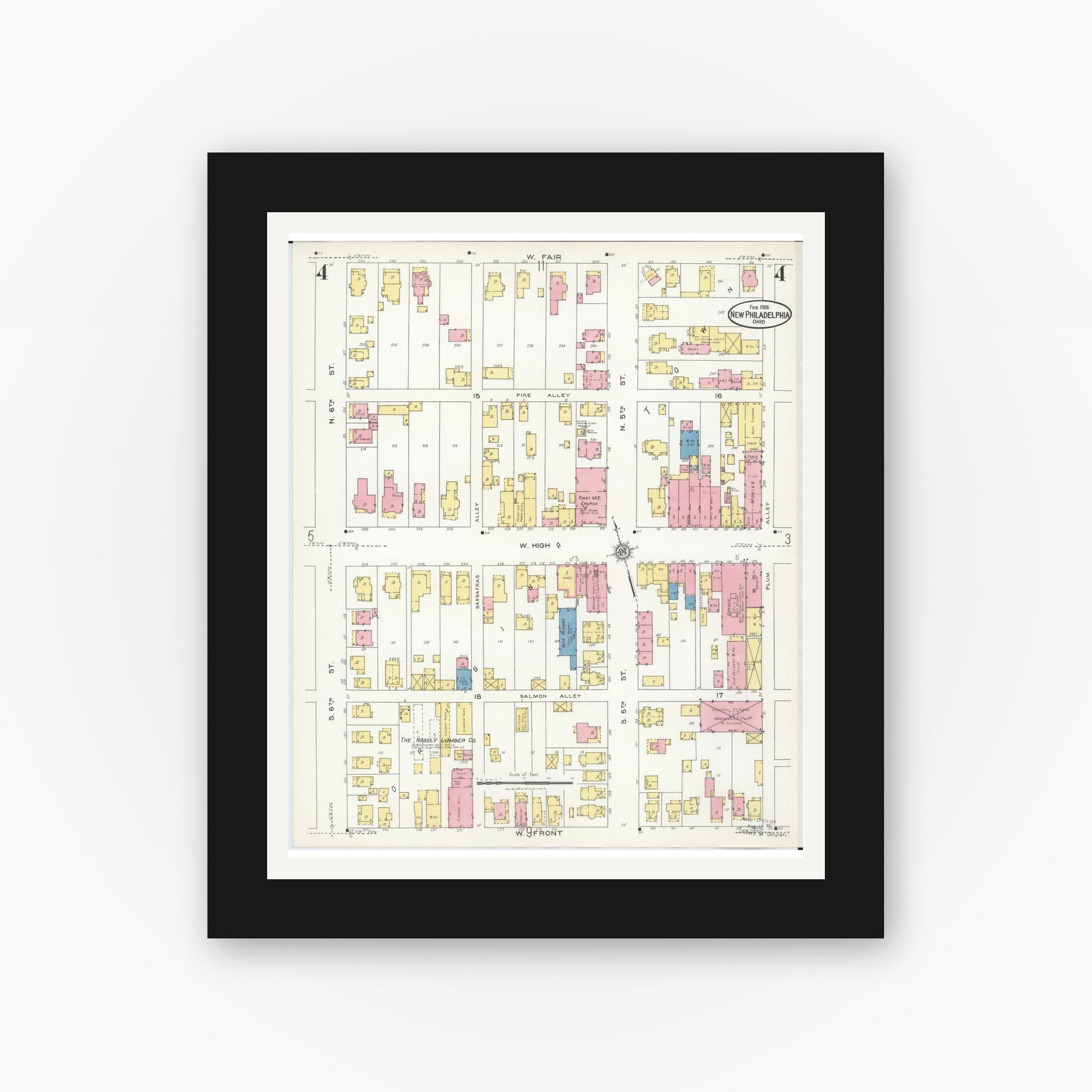 Old map wall art mockup — black gallery frame with white mat — Sanborn Fire Insurance Map from New Philadelphia, Tuscarawas County, Ohio (1926), Sheet #0004