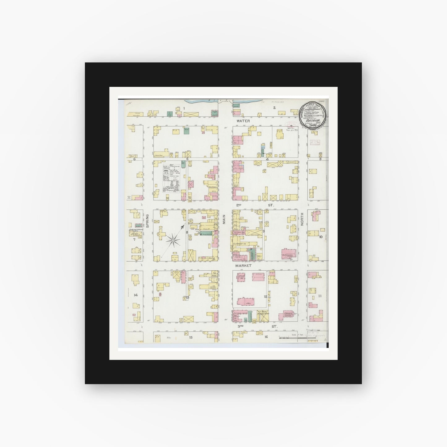 Old map wall art mockup — black gallery frame with white mat — Sanborn Fire Insurance Map from Batavia, Clermont County, Ohio (1892), Sheet #0001