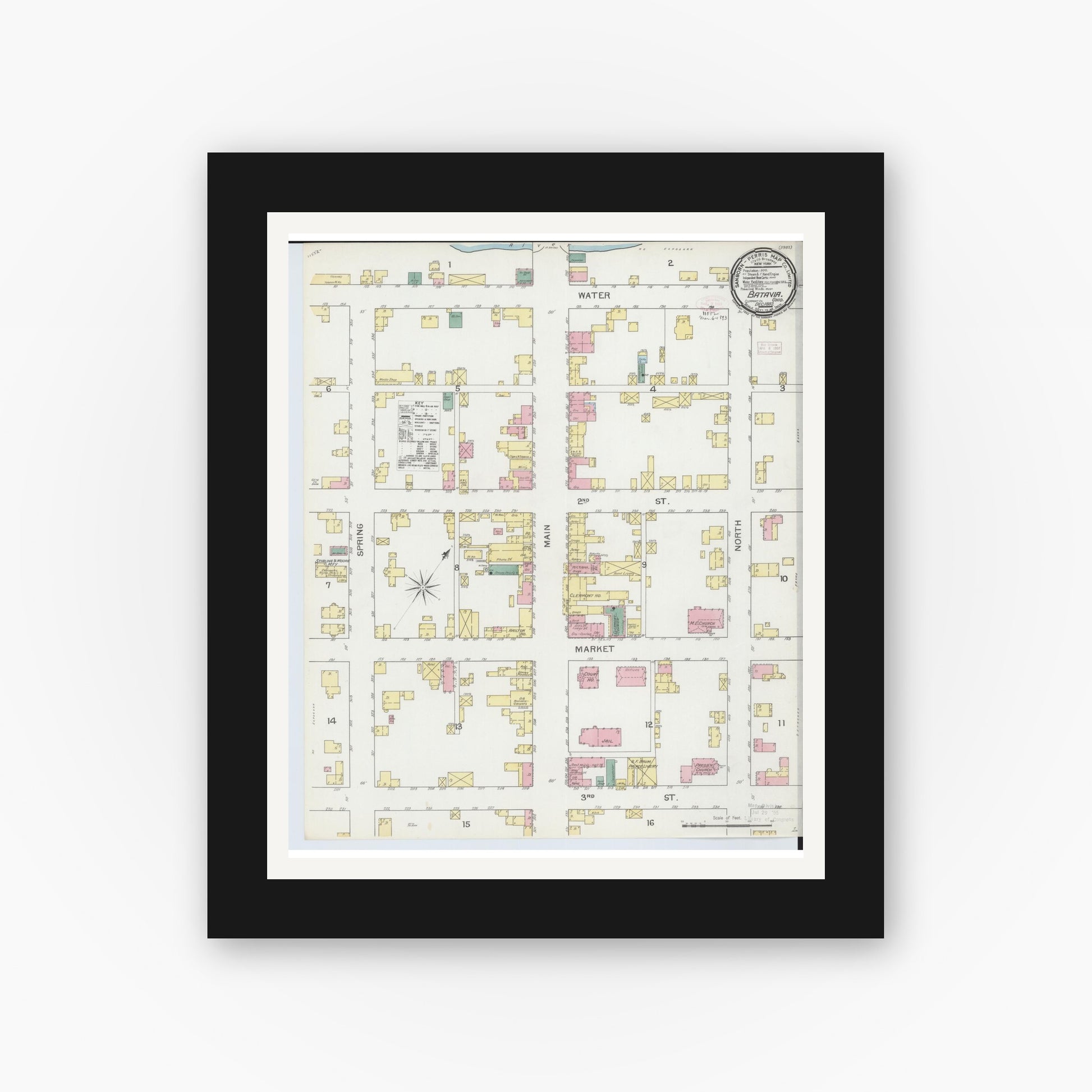 Old map wall art mockup — black gallery frame with white mat — Sanborn Fire Insurance Map from Batavia, Clermont County, Ohio (1892), Sheet #0001