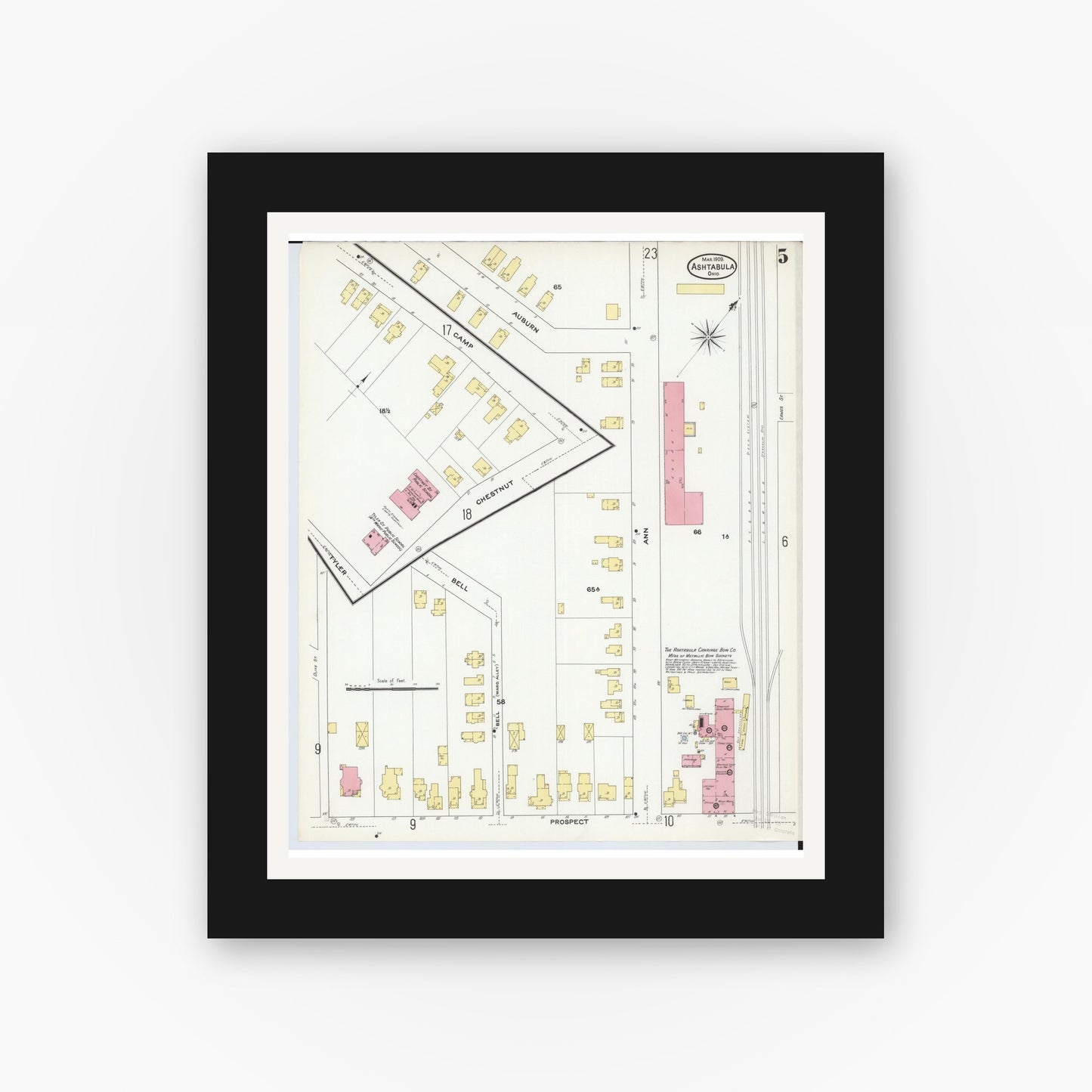 Old map wall art mockup — black gallery frame with white mat — Sanborn Fire Insurance Map from Ashtabula, Ashtabula County, Ohio (1909), Sheet #0005