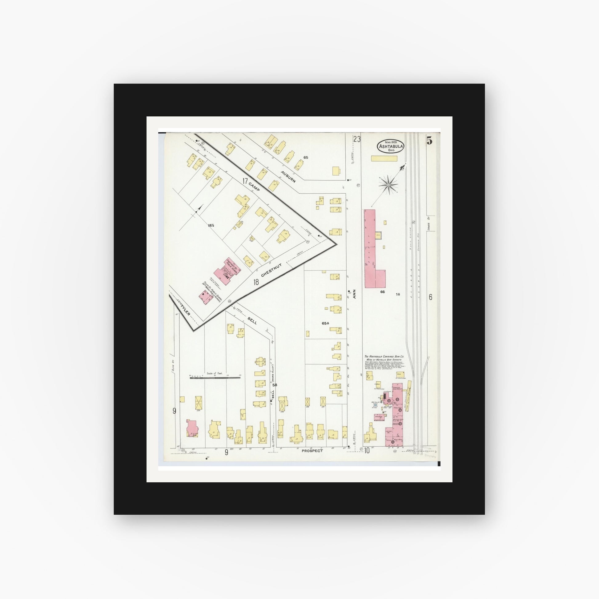 Old map wall art mockup — black gallery frame with white mat — Sanborn Fire Insurance Map from Ashtabula, Ashtabula County, Ohio (1909), Sheet #0005