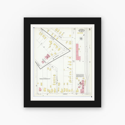Old map wall art mockup — black gallery frame with white mat — Sanborn Fire Insurance Map from Ashtabula, Ashtabula County, Ohio (1909), Sheet #0005