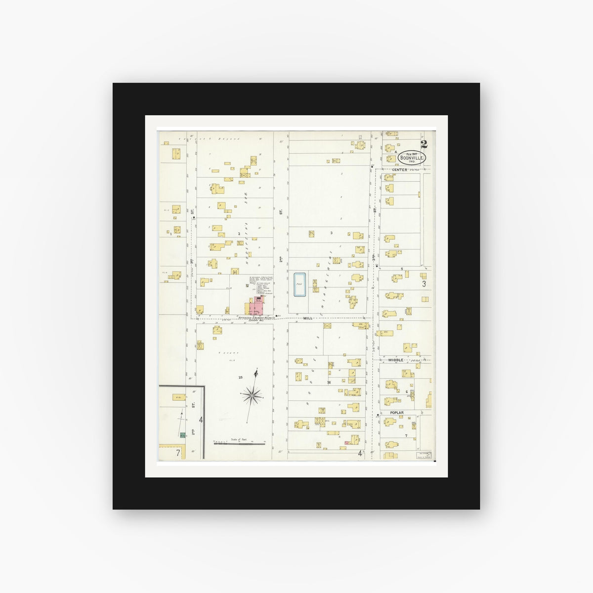 Old map wall art mockup — black gallery frame with white mat — Sanborn Fire Insurance Map from Boonville, Warrick County, Indiana (1907), Sheet #0002