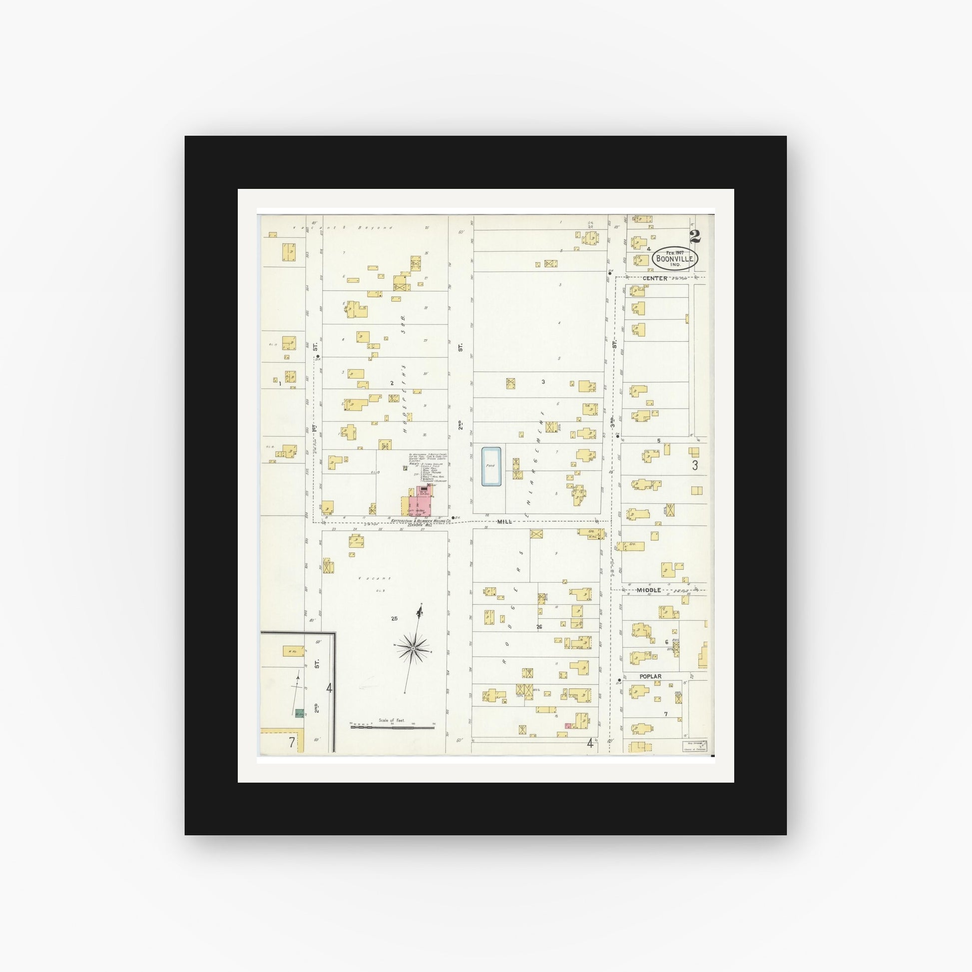 Old map wall art mockup — black gallery frame with white mat — Sanborn Fire Insurance Map from Boonville, Warrick County, Indiana (1907), Sheet #0002