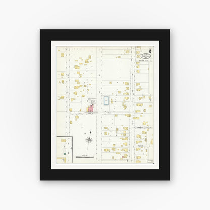 Old map wall art mockup — black gallery frame with white mat — Sanborn Fire Insurance Map from Boonville, Warrick County, Indiana (1907), Sheet #0002