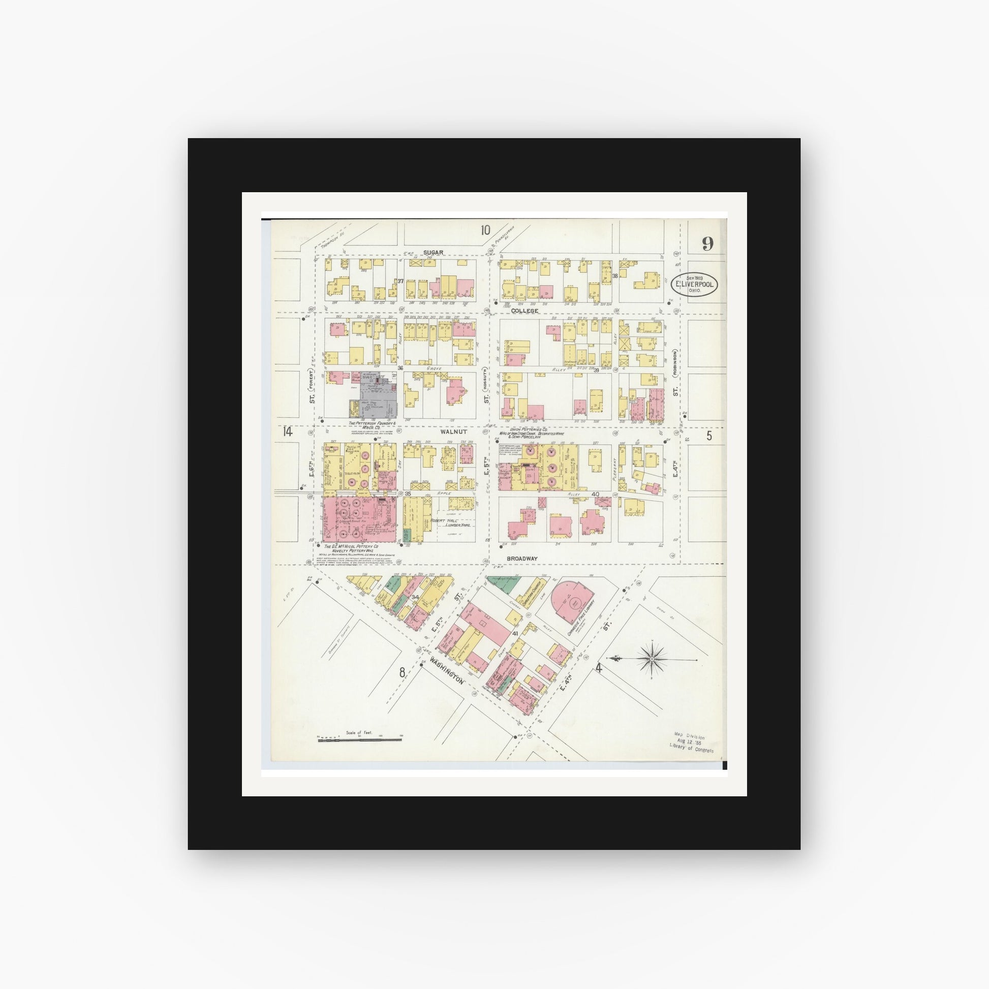 Old map wall art mockup — black gallery frame with white mat — Sanborn Fire Insurance Map from East Liverpool, Columbiana County, Ohio (1903), Sheet #0009