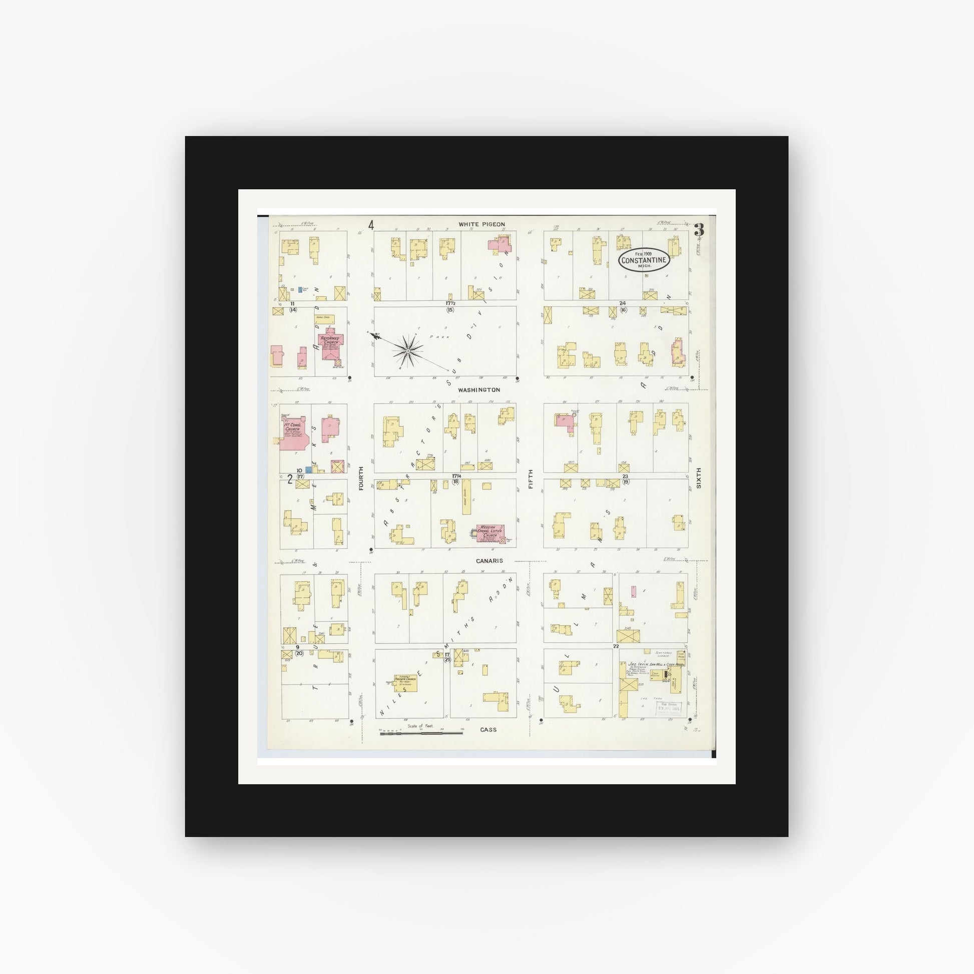 Old map wall art mockup — black gallery frame with white mat — Sanborn Fire Insurance Map from Constantine, Saint Joseph County, Michigan (1909), Sheet #0003