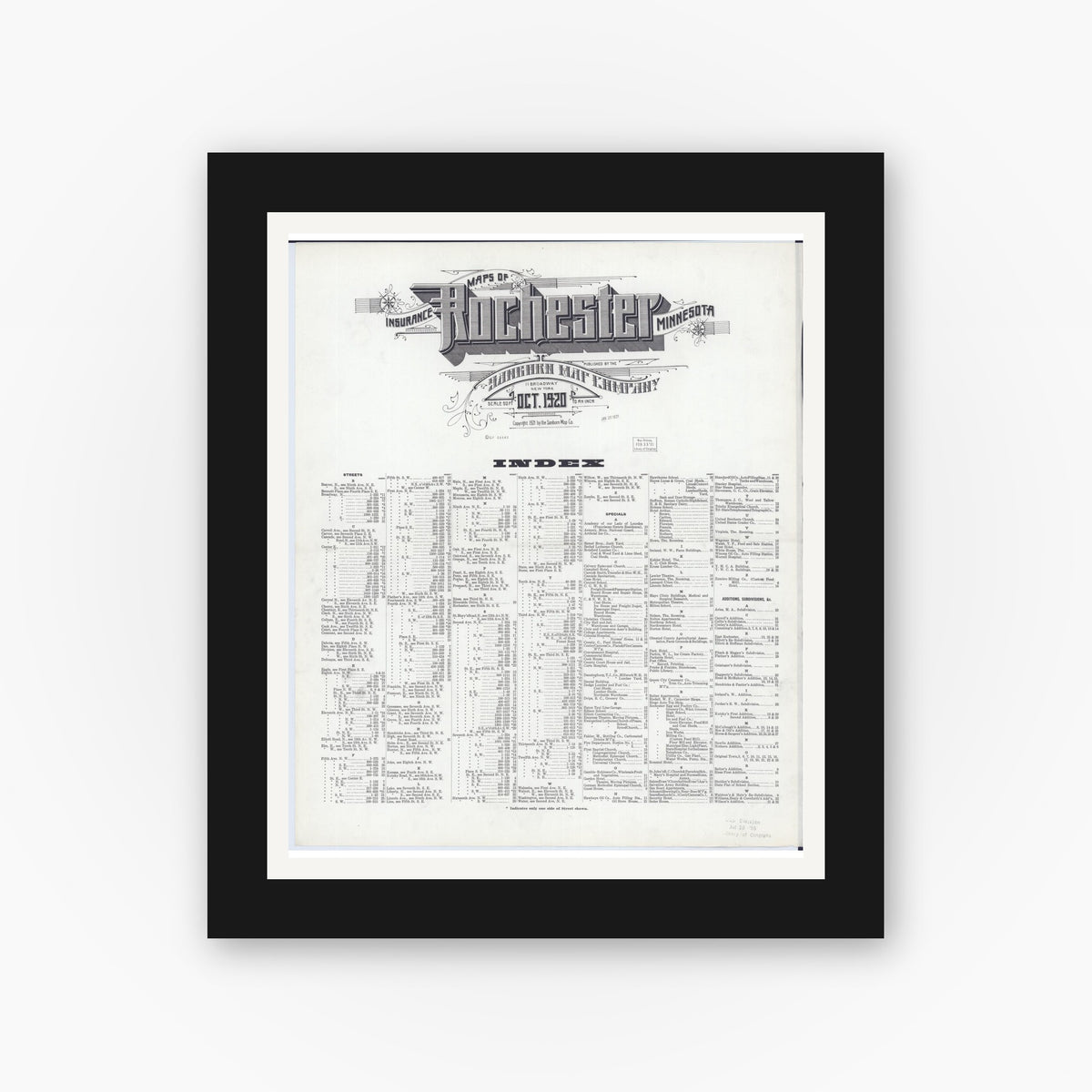 Old map wall art mockup — black gallery frame with white mat — Sanborn Fire Insurance Map from Rochester, Olmsted County, Minnesota (1920), Sheet #0001