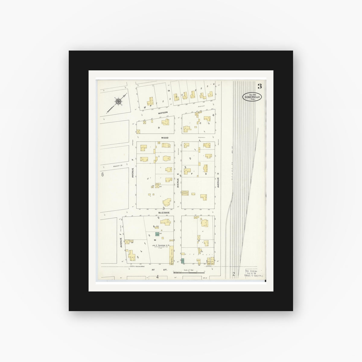 Old map wall art mockup — black gallery frame with white mat — Sanborn Fire Insurance Map from Somerville, Burleson County, Texas (1910), Sheet #0003