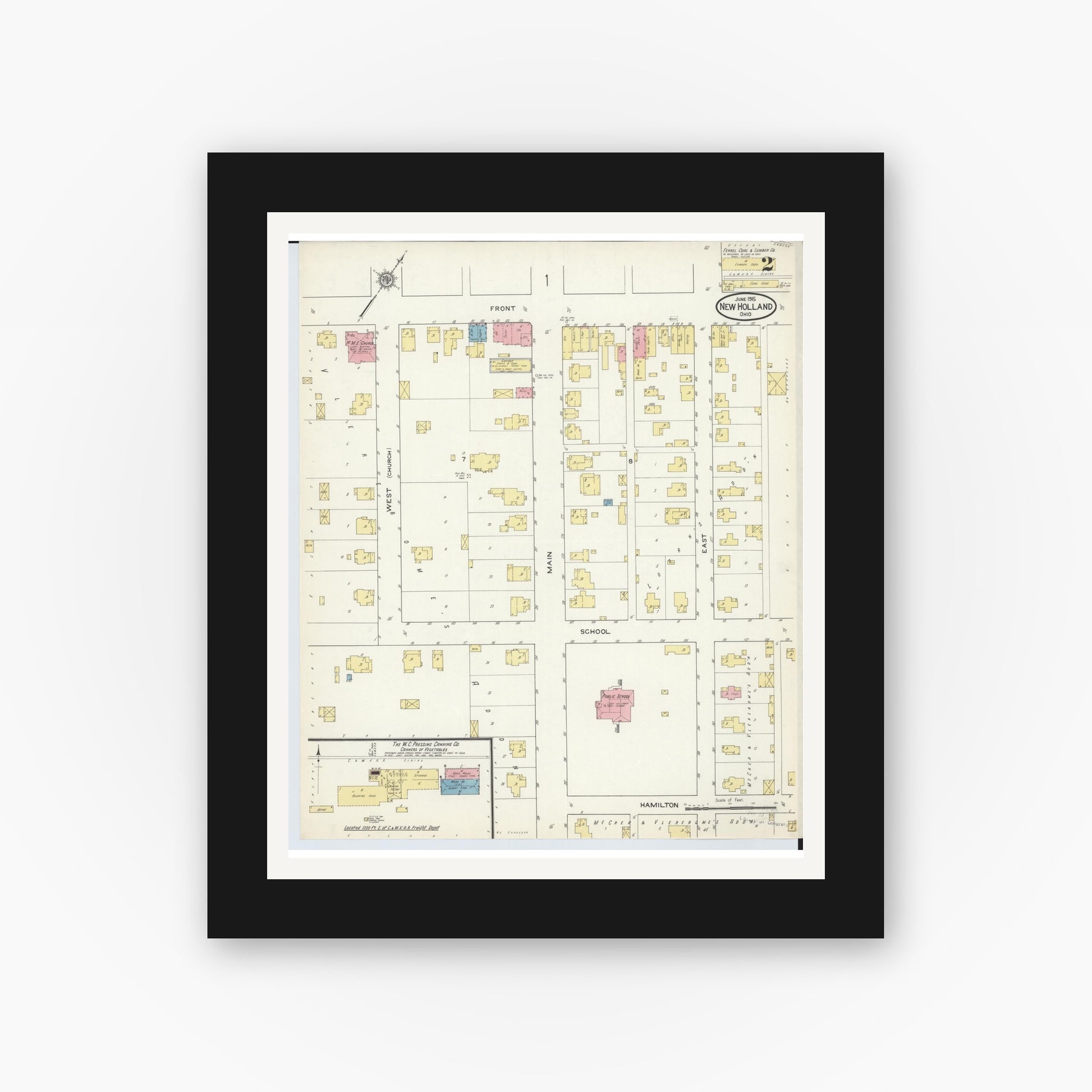 Old map wall art mockup — black gallery frame with white mat — Sanborn Fire Insurance Map from New Holland, Pickaway County, Ohio (1915), Sheet #0002
