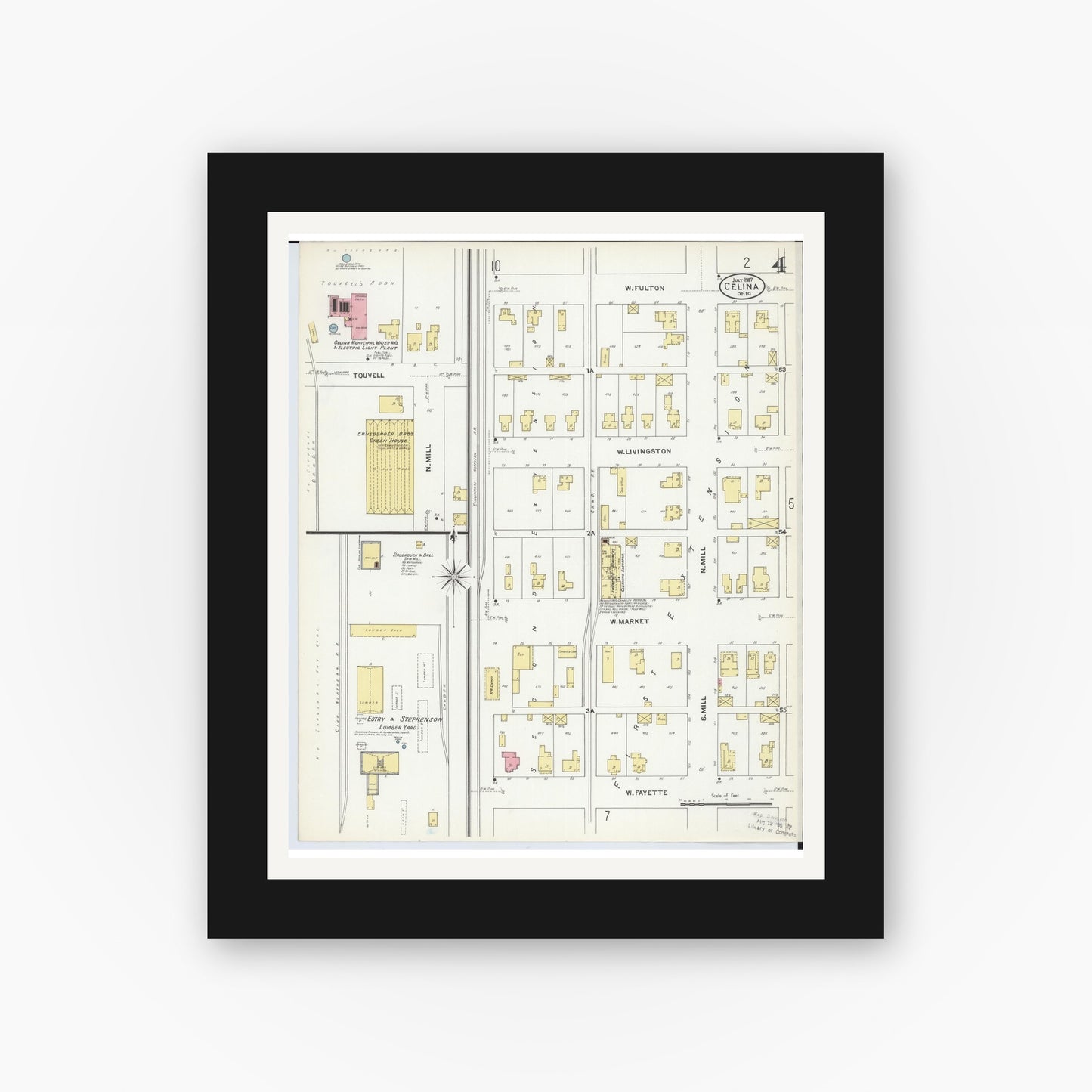 Old map wall art mockup — black gallery frame with white mat — Sanborn Fire Insurance Map from Celina, Mercer County, Ohio (1907), Sheet #0004