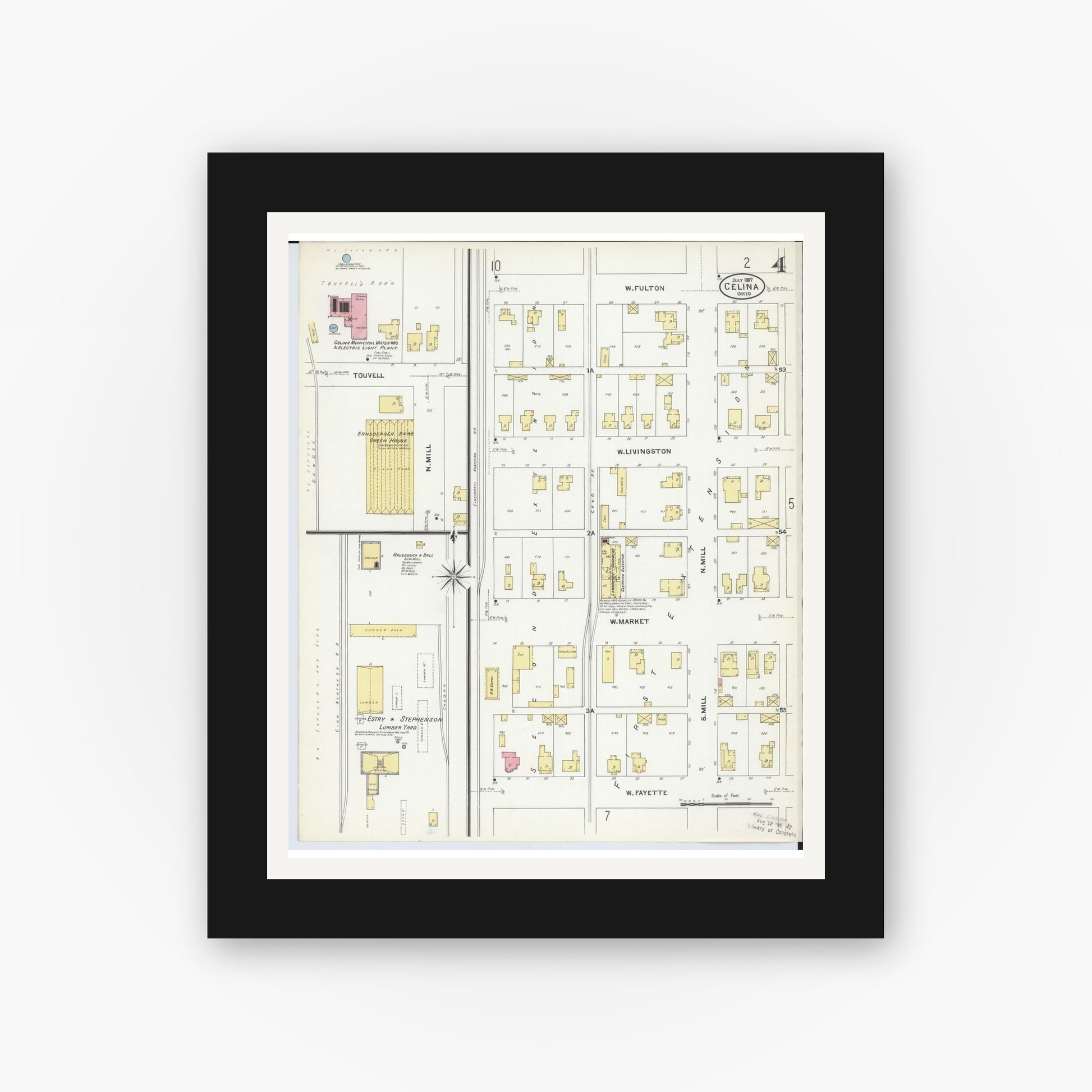 Old map wall art mockup — black gallery frame with white mat — Sanborn Fire Insurance Map from Celina, Mercer County, Ohio (1907), Sheet #0004