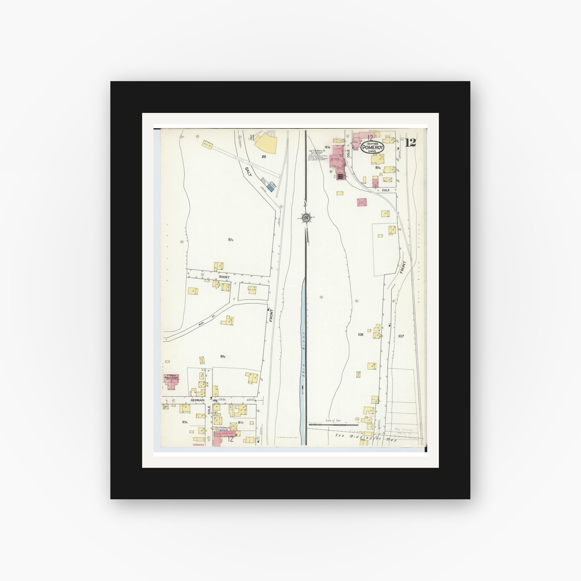 Old map wall art mockup — black gallery frame with white mat — Sanborn Fire Insurance Map from Pomeroy, Meigs County, Ohio (1916), Sheet #0012