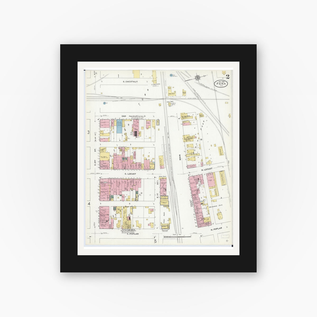 Old map wall art mockup — black gallery frame with white mat — Sanborn Fire Insurance Map from Pana, Christian County, Illinois (1909), Sheet #0002