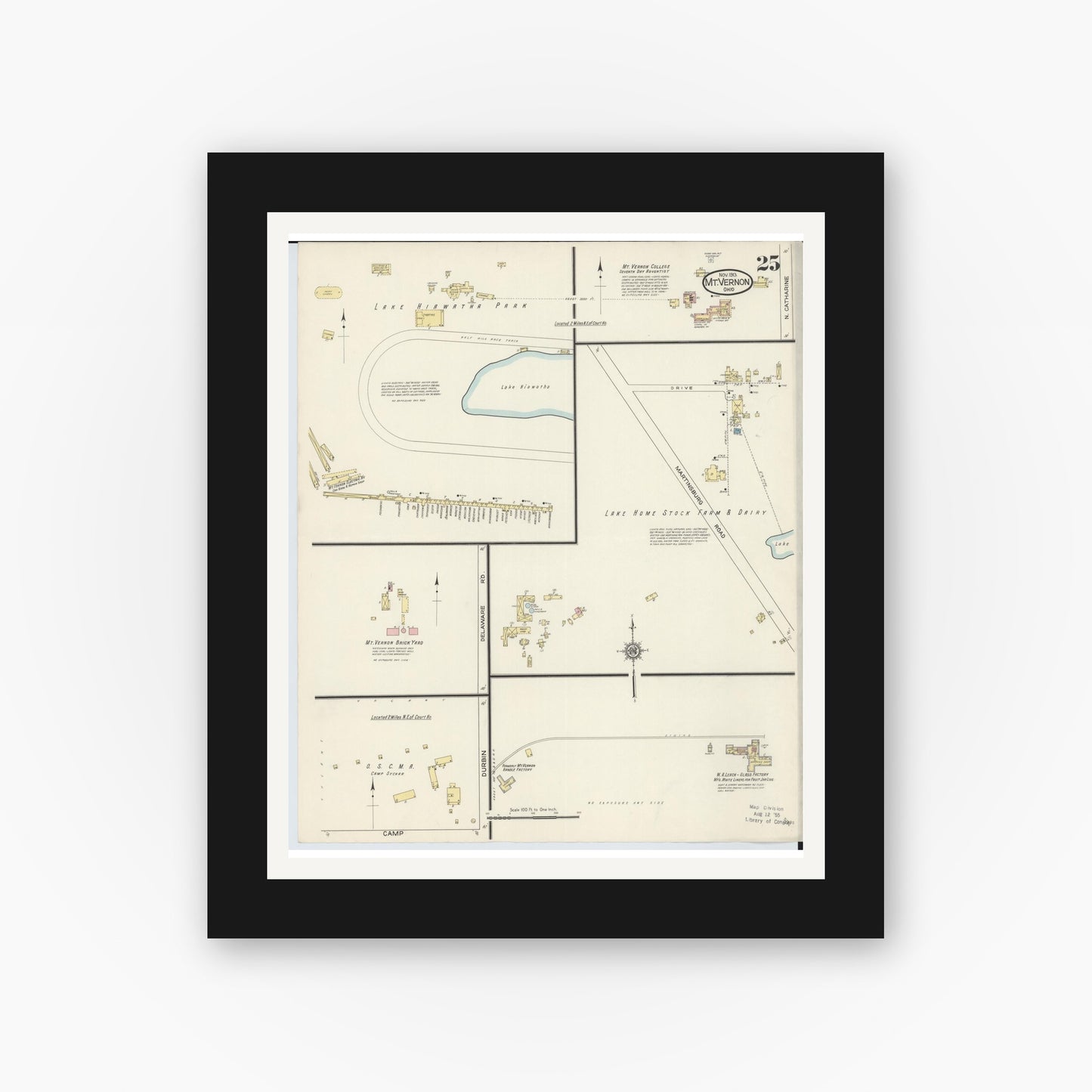 Old map wall art mockup — black gallery frame with white mat — Sanborn Fire Insurance Map from Mount Vernon, Knox County, Ohio (1913), Sheet #0025