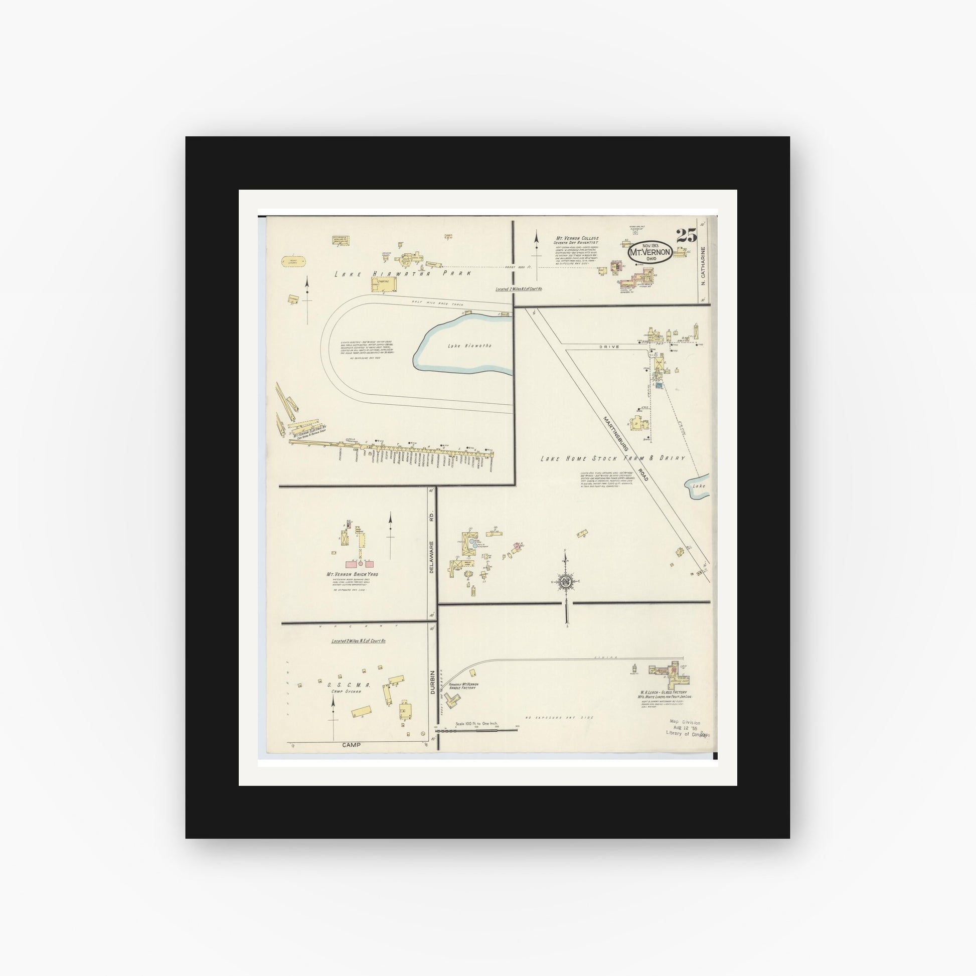 Old map wall art mockup — black gallery frame with white mat — Sanborn Fire Insurance Map from Mount Vernon, Knox County, Ohio (1913), Sheet #0025