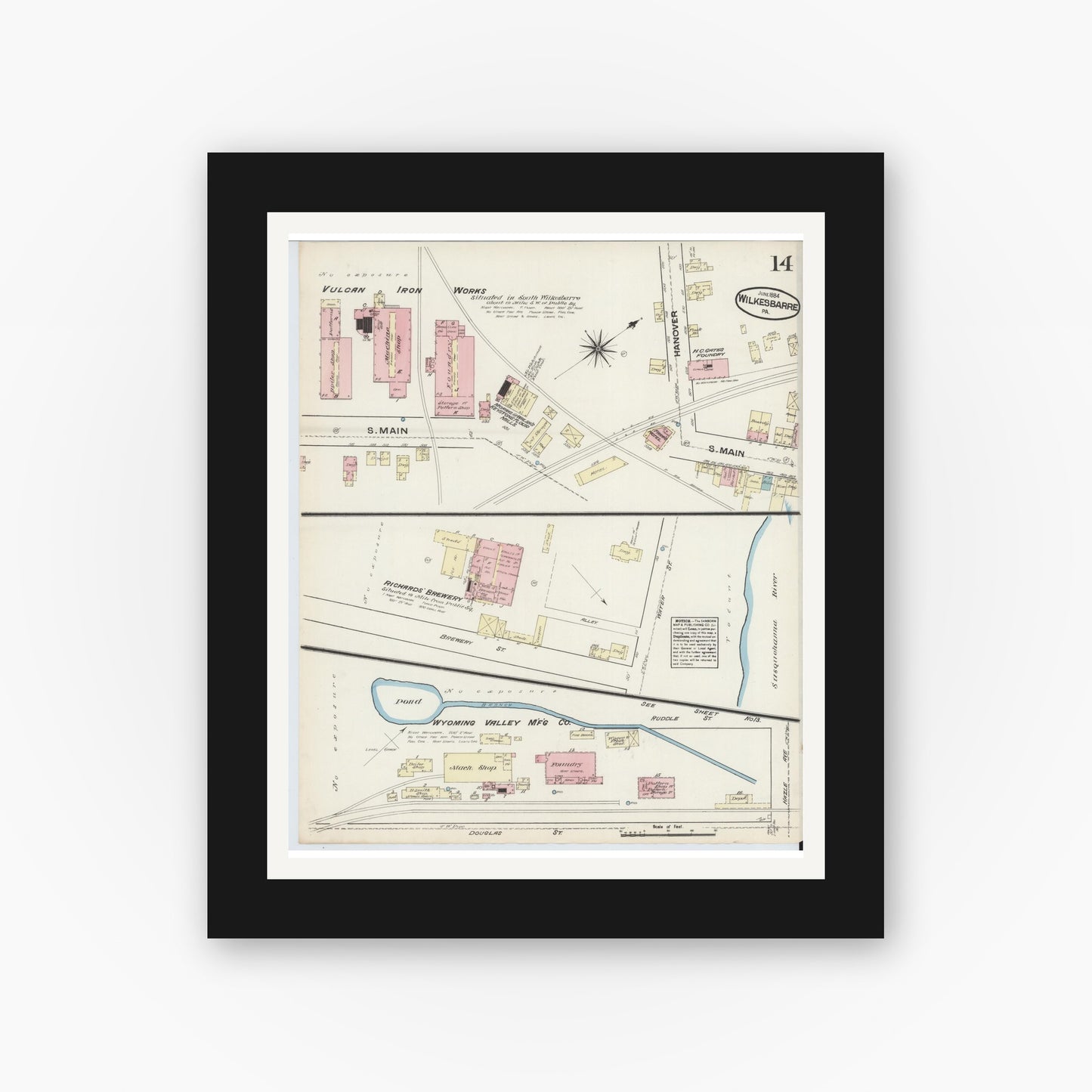 Old map wall art mockup — black gallery frame with white mat — Sanborn Fire Insurance Map from Wilkes Barre, Luzerne County, Pennsylvania (1884), Sheet #0014