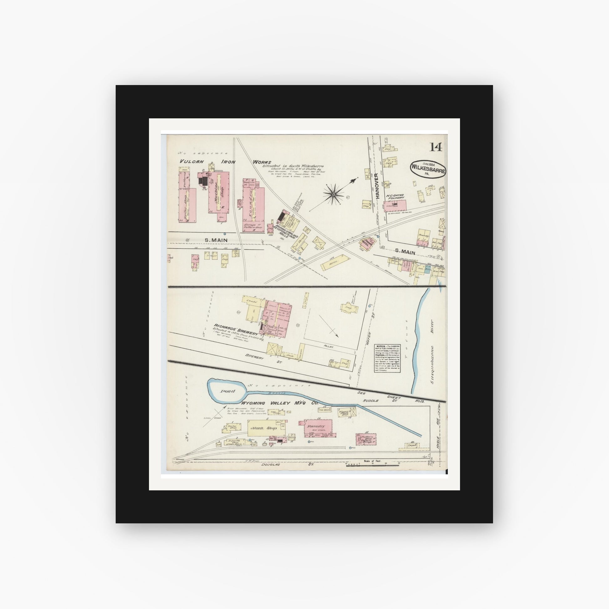 Old map wall art mockup — black gallery frame with white mat — Sanborn Fire Insurance Map from Wilkes Barre, Luzerne County, Pennsylvania (1884), Sheet #0014