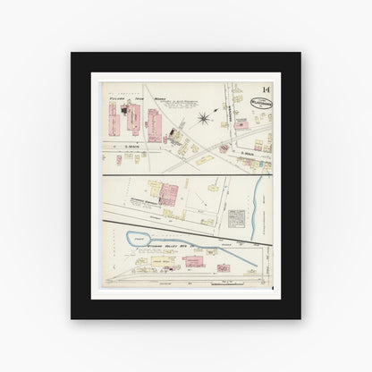Old map wall art mockup — black gallery frame with white mat — Sanborn Fire Insurance Map from Wilkes Barre, Luzerne County, Pennsylvania (1884), Sheet #0014