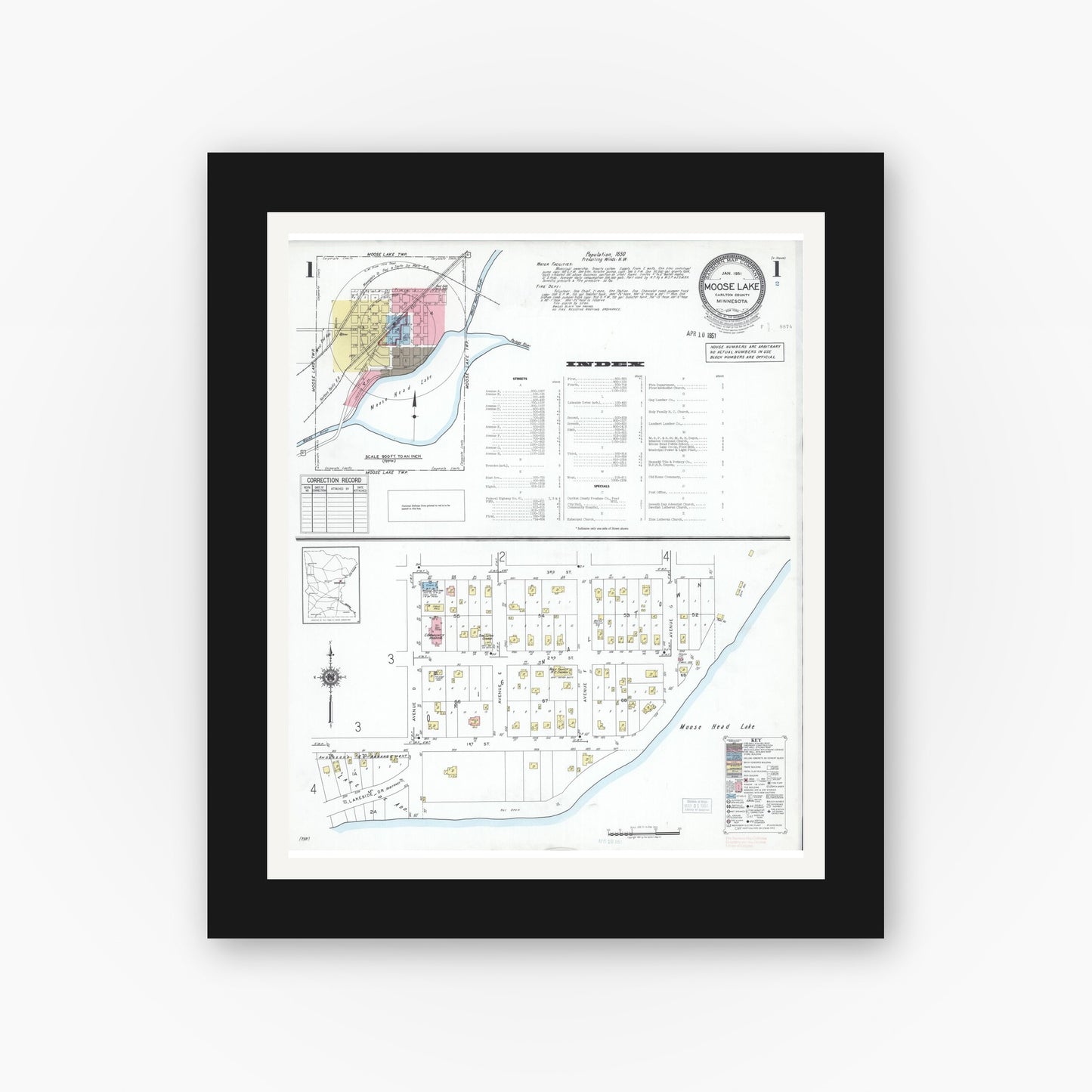 Old map wall art mockup — black gallery frame with white mat — Sanborn Fire Insurance Map from Moose Lake, Carlton County, Minnesota (1951) - Complete Map Set