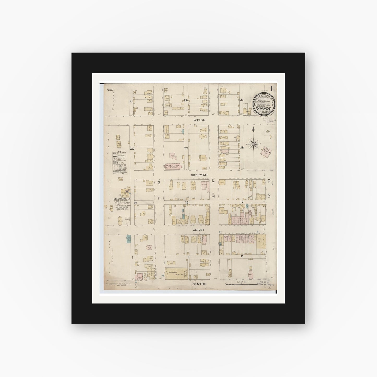 Old map wall art mockup — black gallery frame with white mat — Sanborn Fire Insurance Map from Dennison, Tuscarawas County, Ohio (1887), Sheet #0001