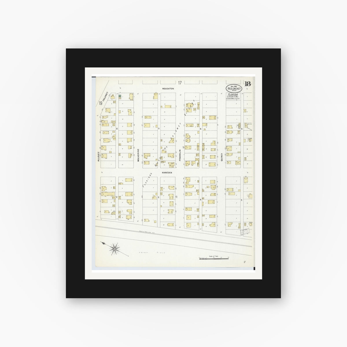 Old map wall art mockup — black gallery frame with white mat — Sanborn Fire Insurance Map from Red Jacket, Houghton County, Michigan (1908), Sheet #0018
