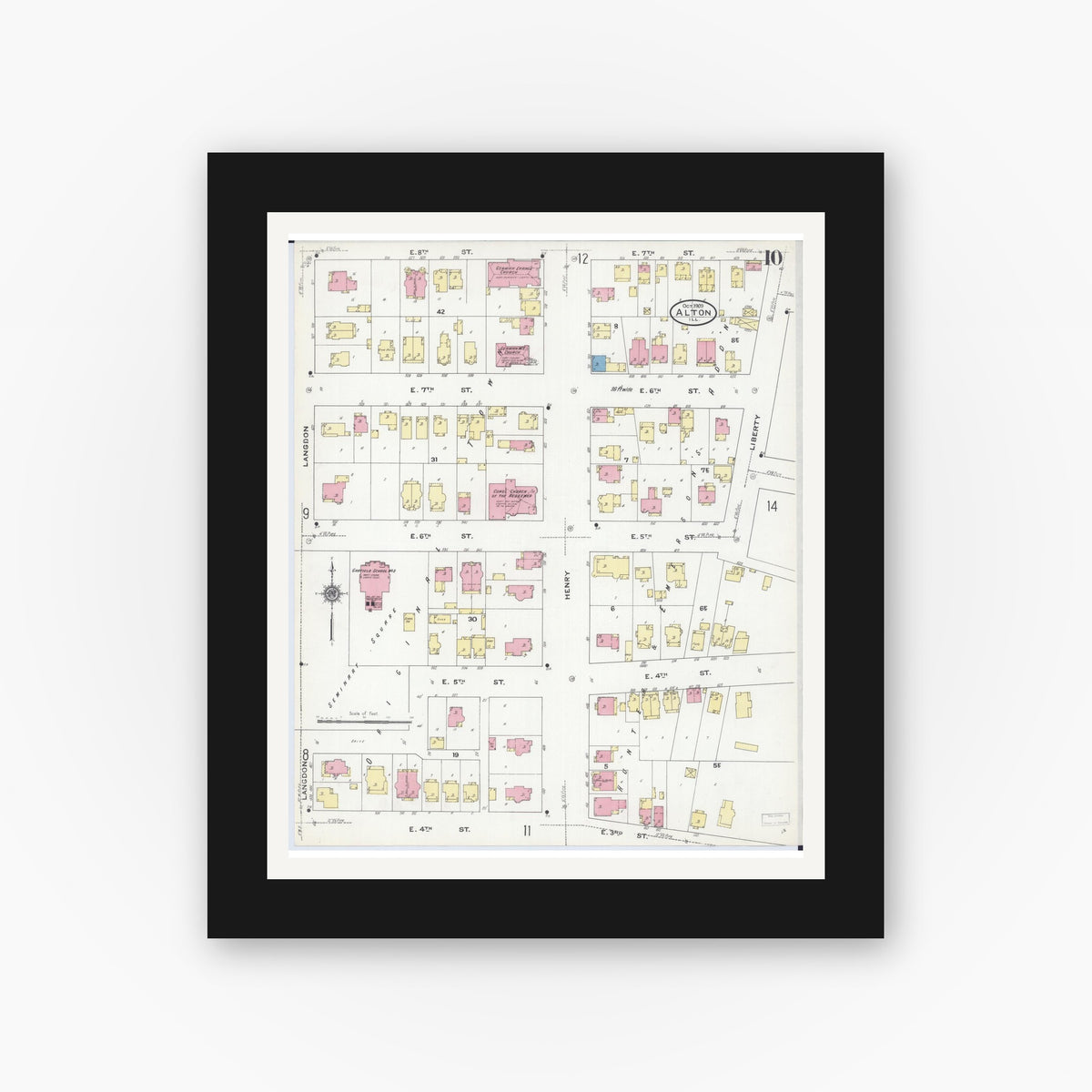 Old map wall art mockup — black gallery frame with white mat — Sanborn Fire Insurance Map from Alton, Madison County, Illinois (1909), Sheet #0010