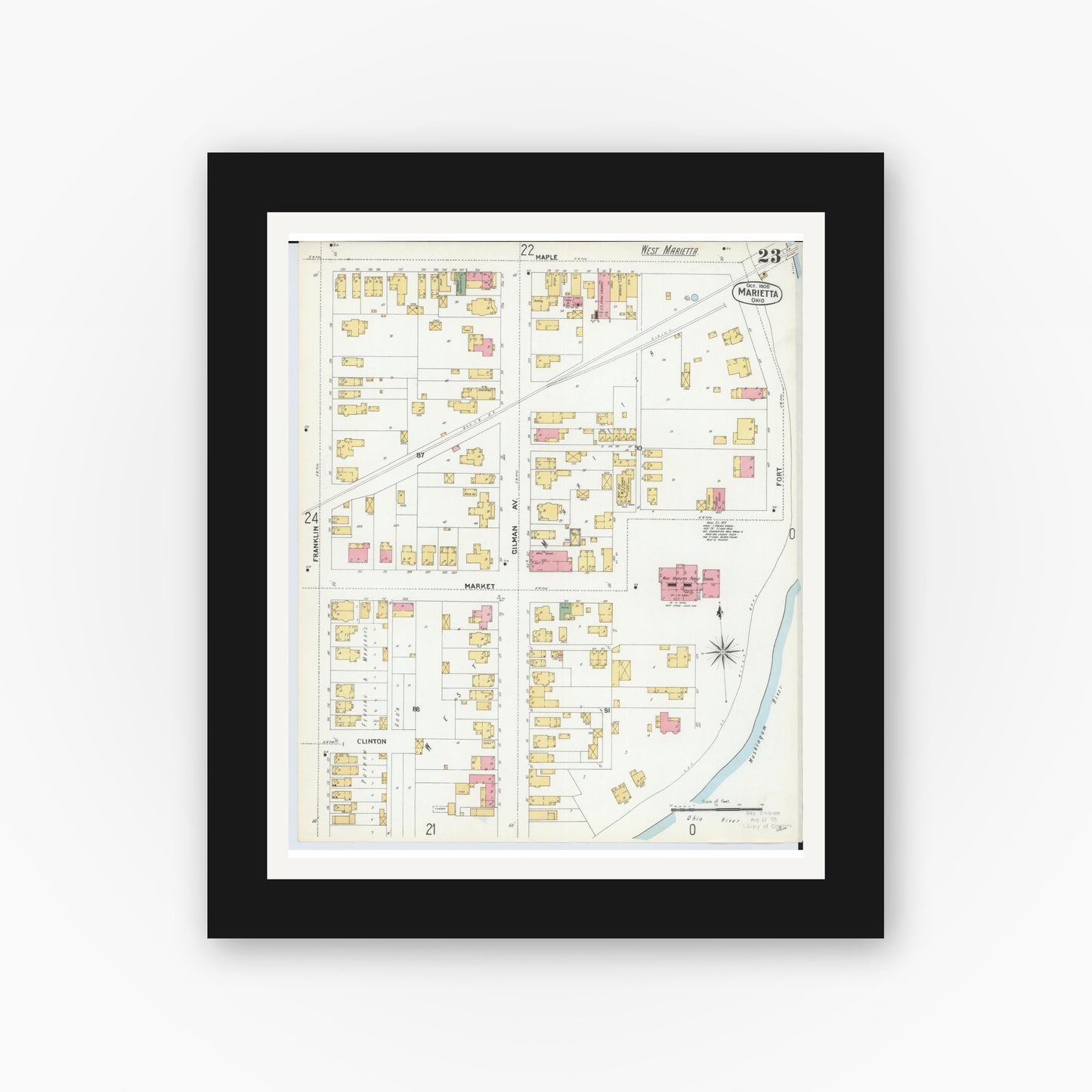 Old map wall art mockup — black gallery frame with white mat — Sanborn Fire Insurance Map from Marietta, Washington County, Ohio (1900), Sheet #0023