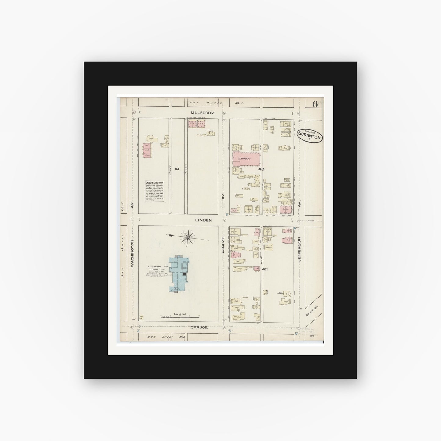 Old map wall art mockup — black gallery frame with white mat — Sanborn Fire Insurance Map from Scranton, Lackawanna County, Pennsylvania (1884), Sheet #0006