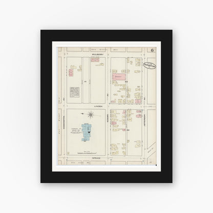 Old map wall art mockup — black gallery frame with white mat — Sanborn Fire Insurance Map from Scranton, Lackawanna County, Pennsylvania (1884), Sheet #0006
