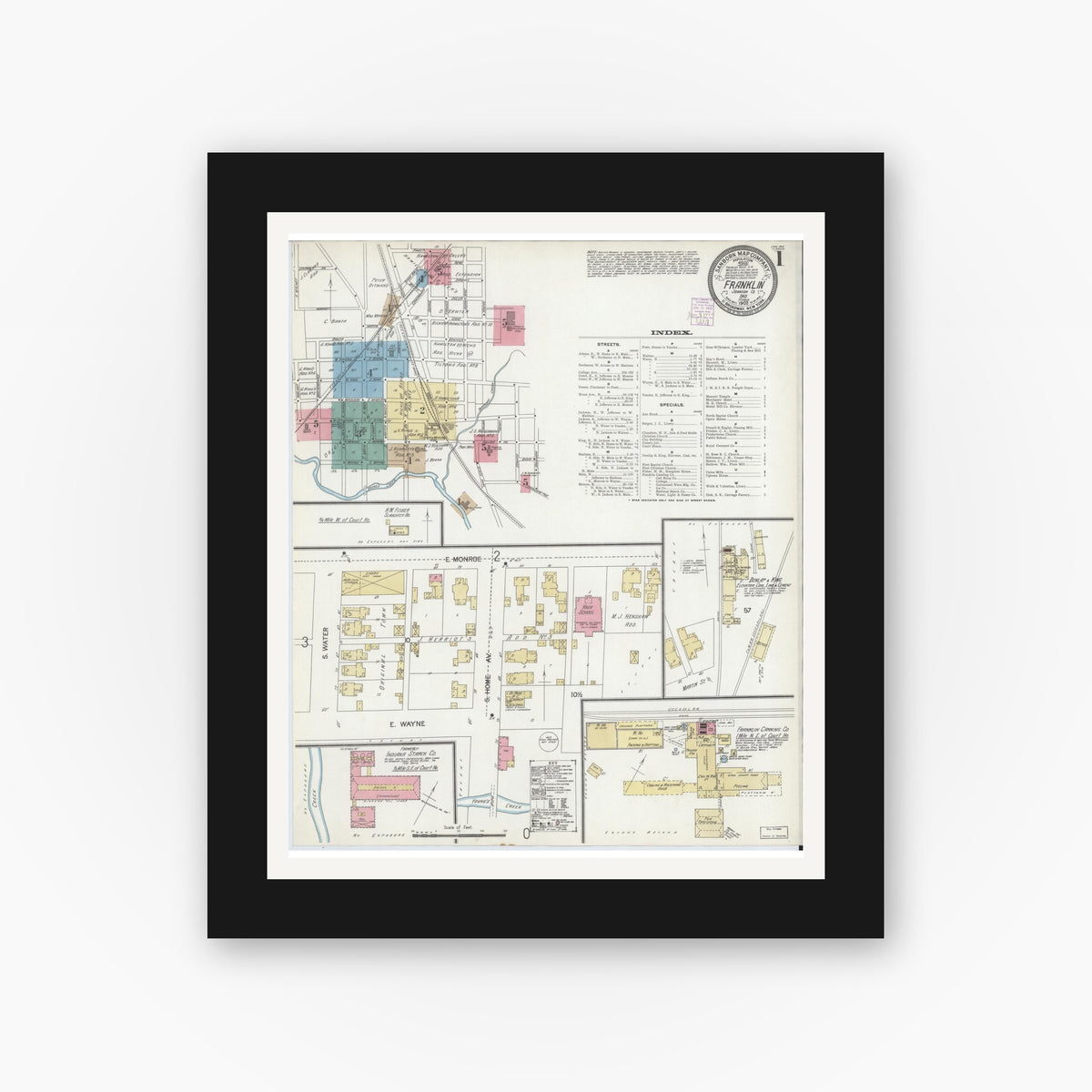 Old map wall art mockup — black gallery frame with white mat — Sanborn Fire Insurance Map from Franklin, Johnson County, Indiana (1902) - Complete Map Set