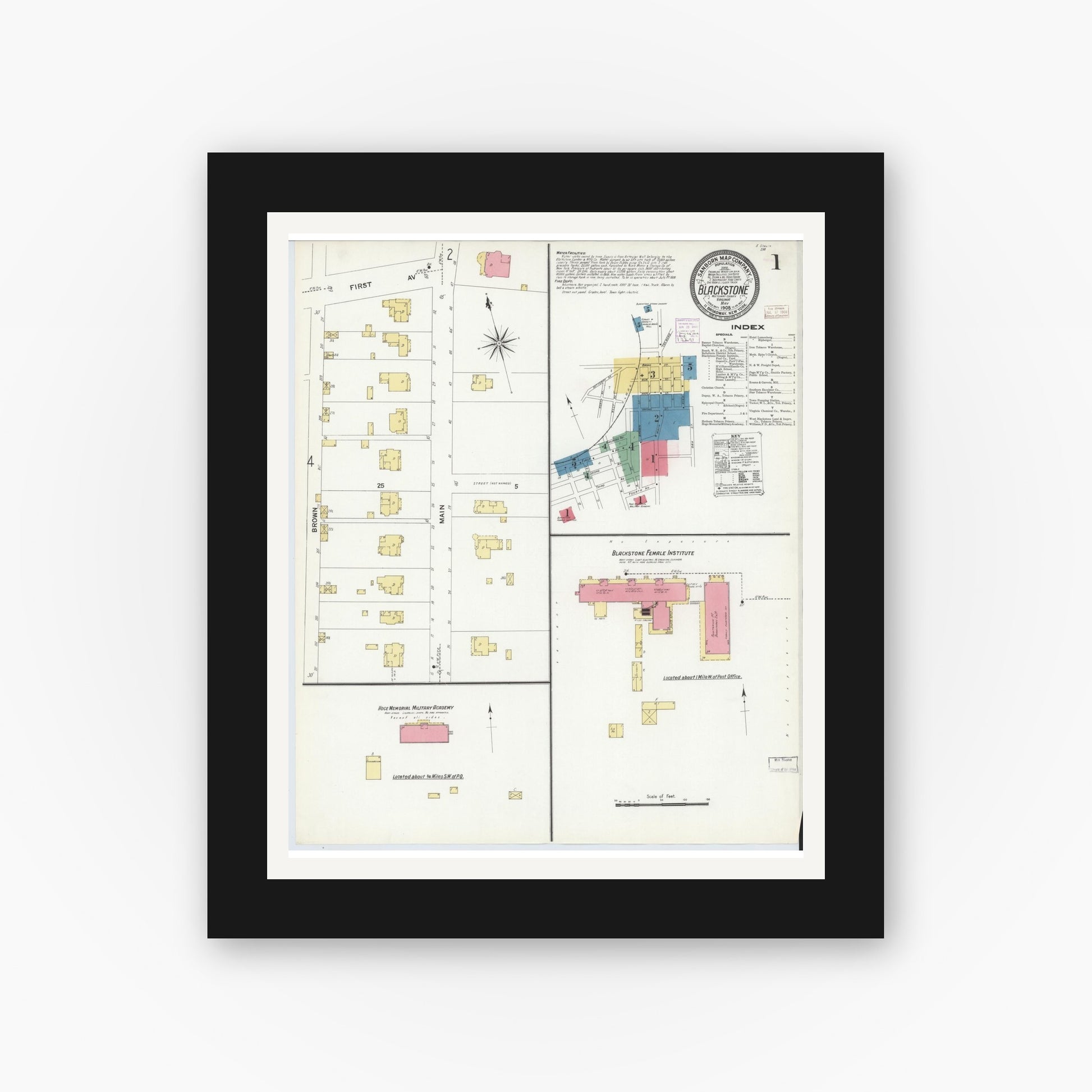 Old map wall art mockup — black gallery frame with white mat — Sanborn Fire Insurance Map from Blackstone, Nottoway County, Virginia (1908) - Complete Map Set