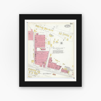 Old map wall art mockup — black gallery frame with white mat — Sanborn Fire Insurance Map from East Liverpool, Columbiana County, Ohio (1908), Sheet #0024