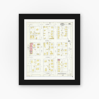 Old map wall art mockup — black gallery frame with white mat — Sanborn Fire Insurance Map from Temple, Bell County, Texas (1915), Sheet #0021