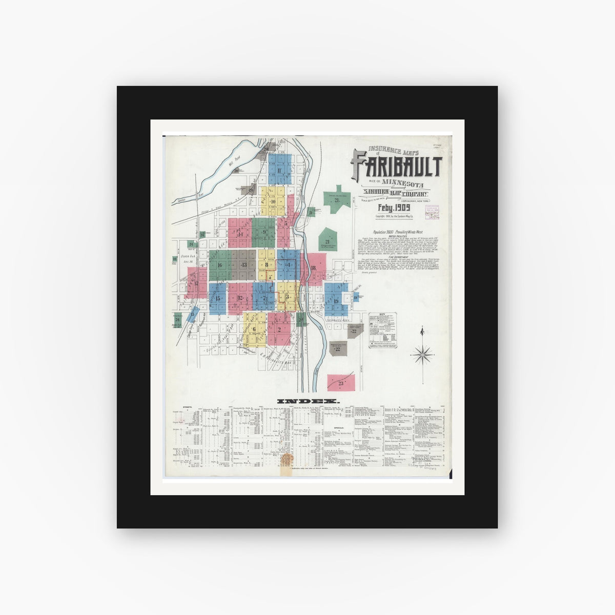 Old map wall art mockup — black gallery frame with white mat — Sanborn Fire Insurance Map from Faribault, Rice County, Minnesota (1909), Sheet #0001
