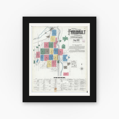 Old map wall art mockup — black gallery frame with white mat — Sanborn Fire Insurance Map from Faribault, Rice County, Minnesota (1909), Sheet #0001
