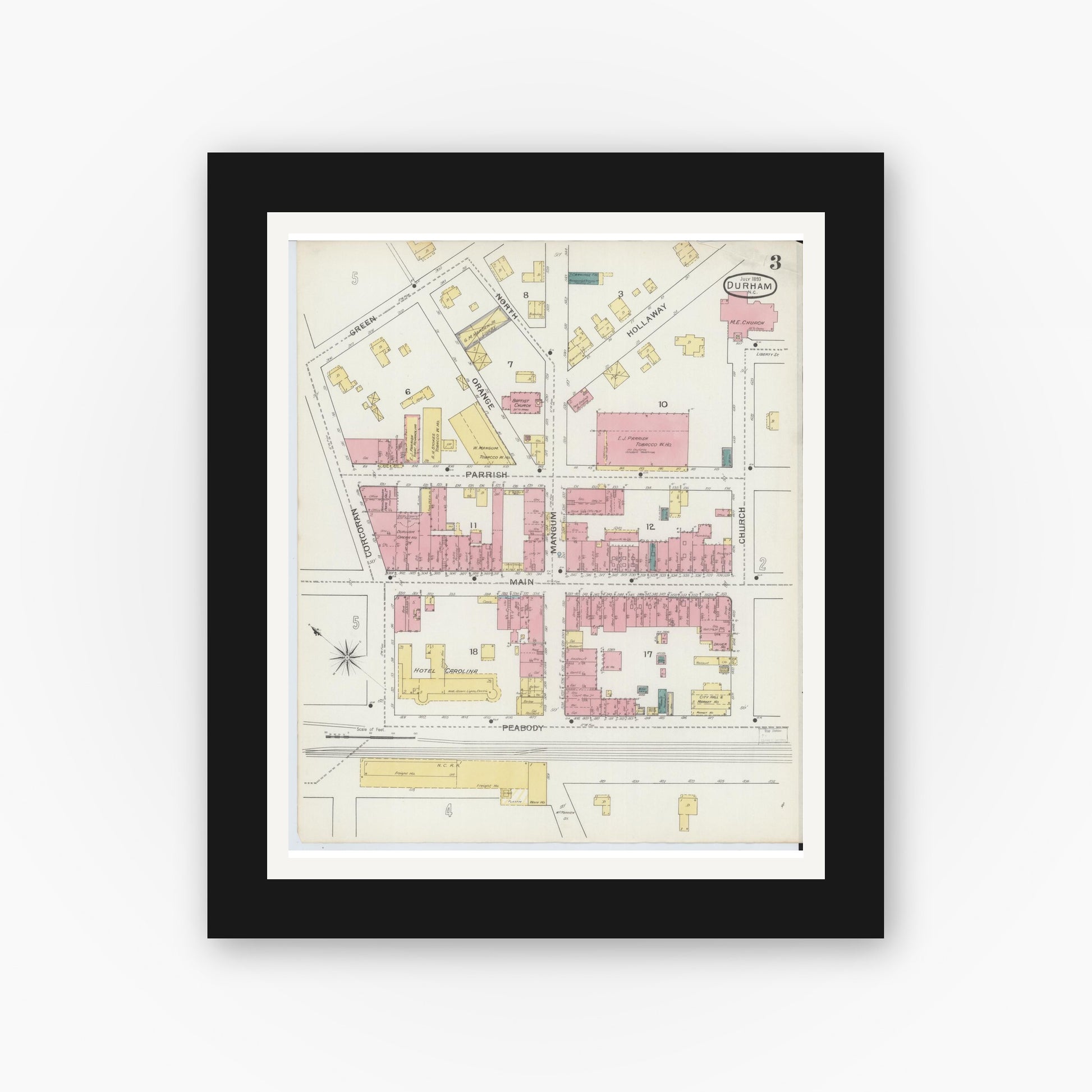 Old map wall art mockup — black gallery frame with white mat — Sanborn Fire Insurance Map from Durham, Durham County, North Carolina (1893), Sheet #0003