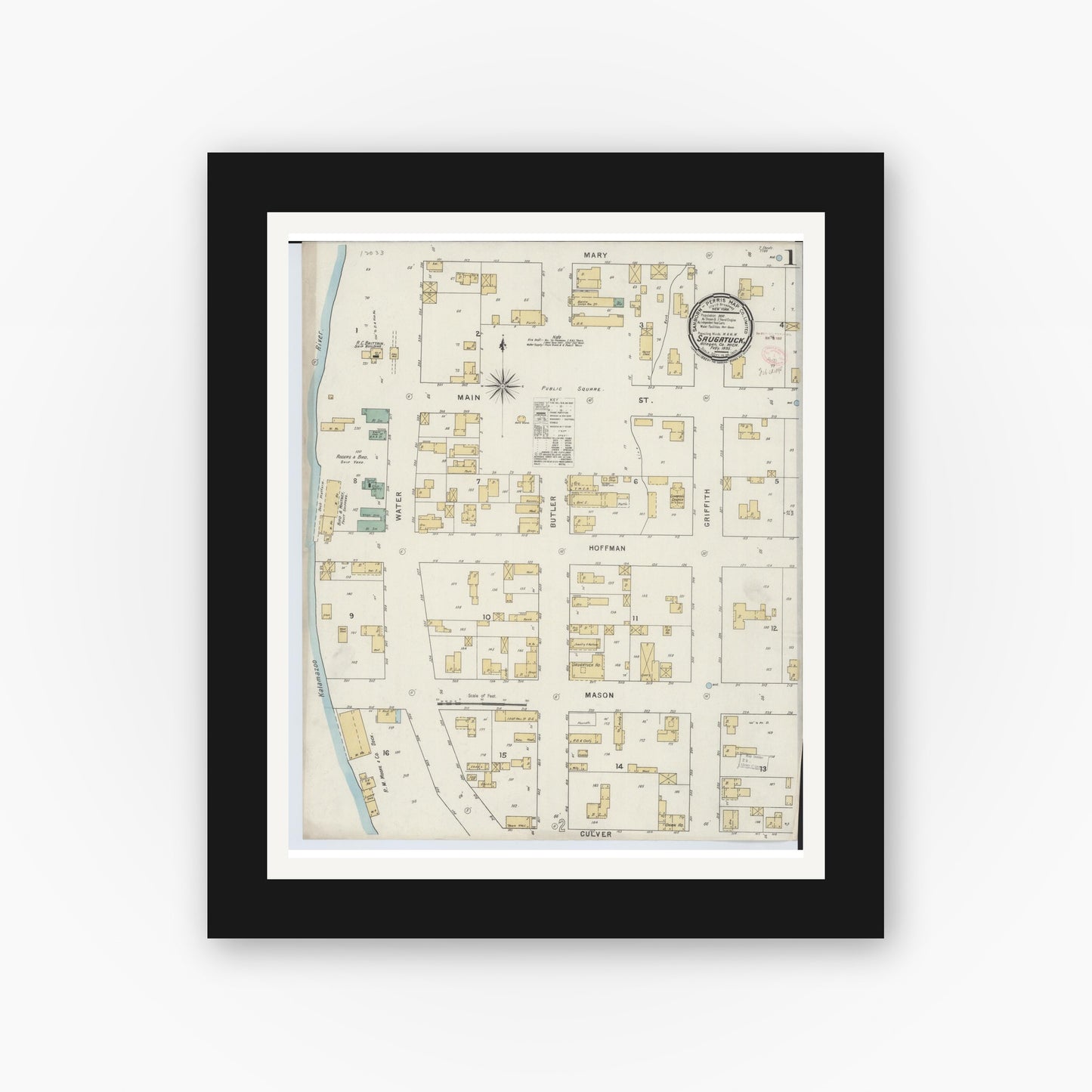 Old map wall art mockup — black gallery frame with white mat — Sanborn Fire Insurance Map from Saugatuck, Allegan County, Michigan (1895) - Complete Map Set