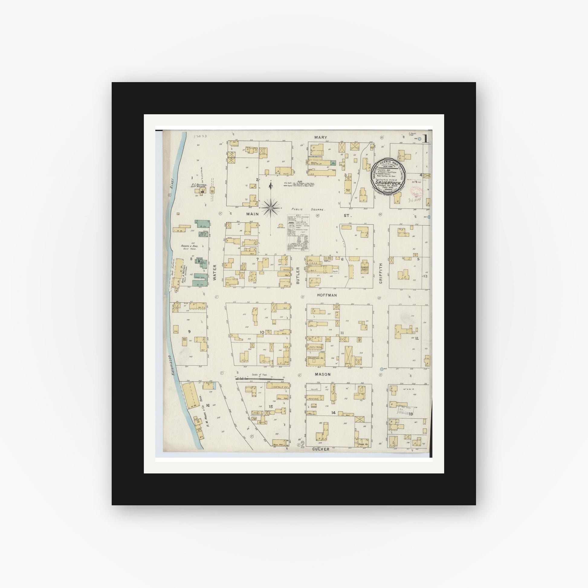 Old map wall art mockup — black gallery frame with white mat — Sanborn Fire Insurance Map from Saugatuck, Allegan County, Michigan (1895) - Complete Map Set