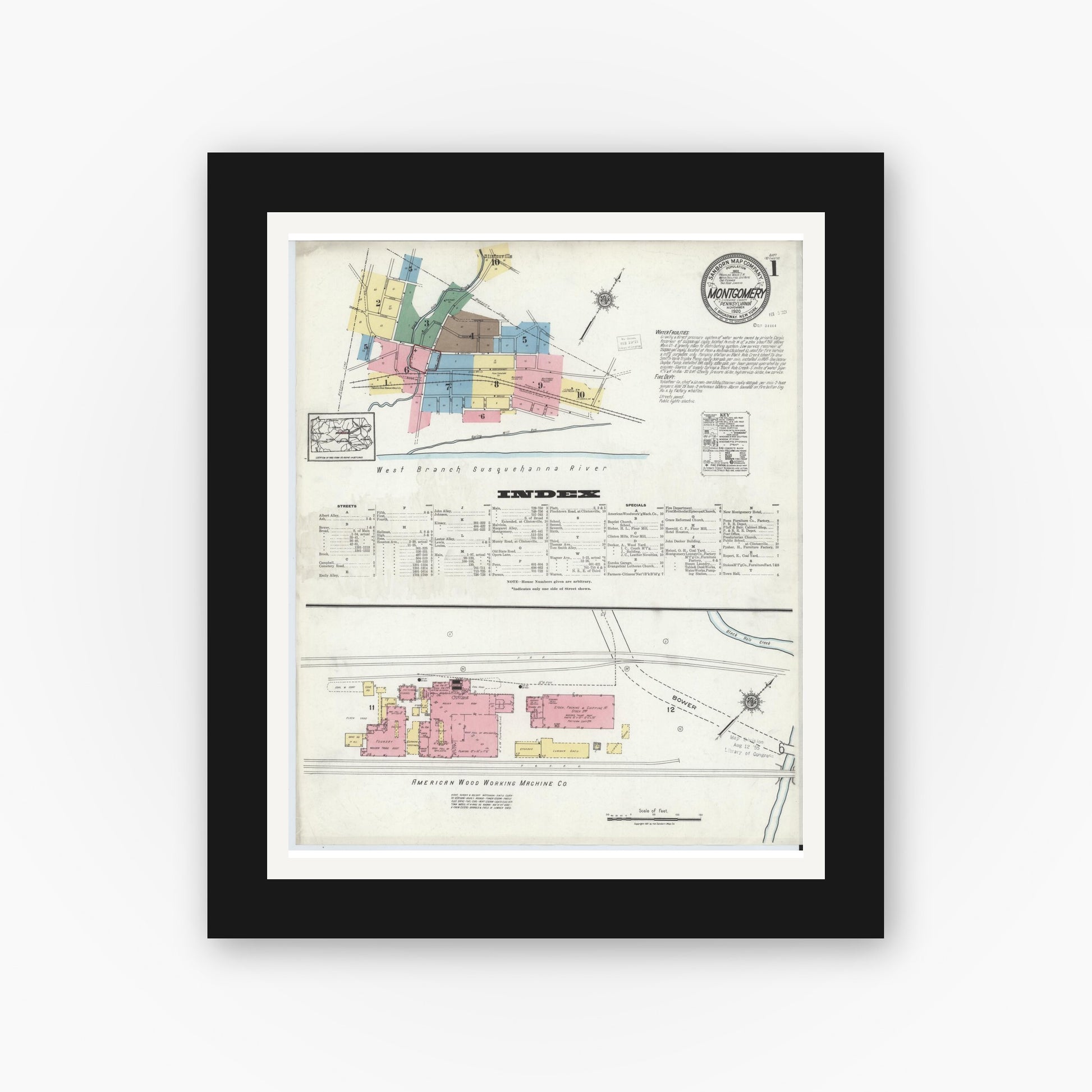 Old map wall art mockup — black gallery frame with white mat — Sanborn Fire Insurance Map from Montgomery, Lycoming County, Pennsylvania (1920), Sheet #0001