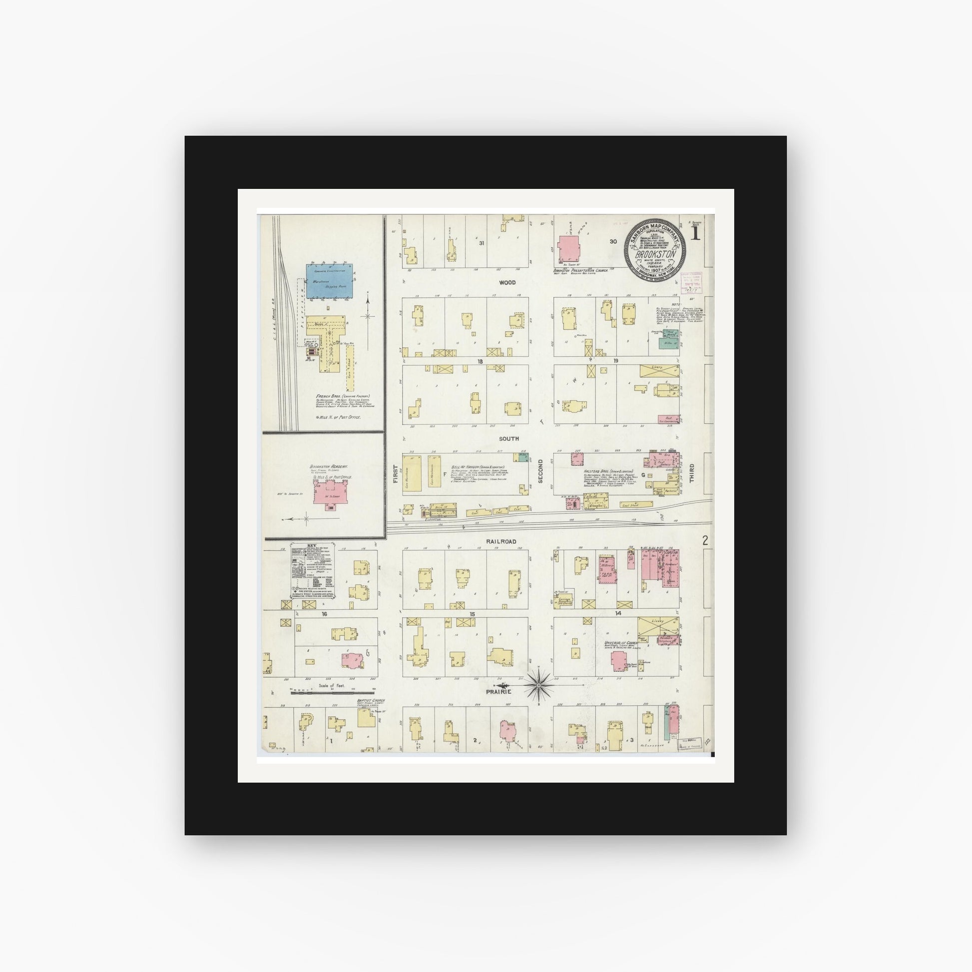 Old map wall art mockup — black gallery frame with white mat — Sanborn Fire Insurance Map from Brookston, White County, Indiana (1907) - Complete Map Set