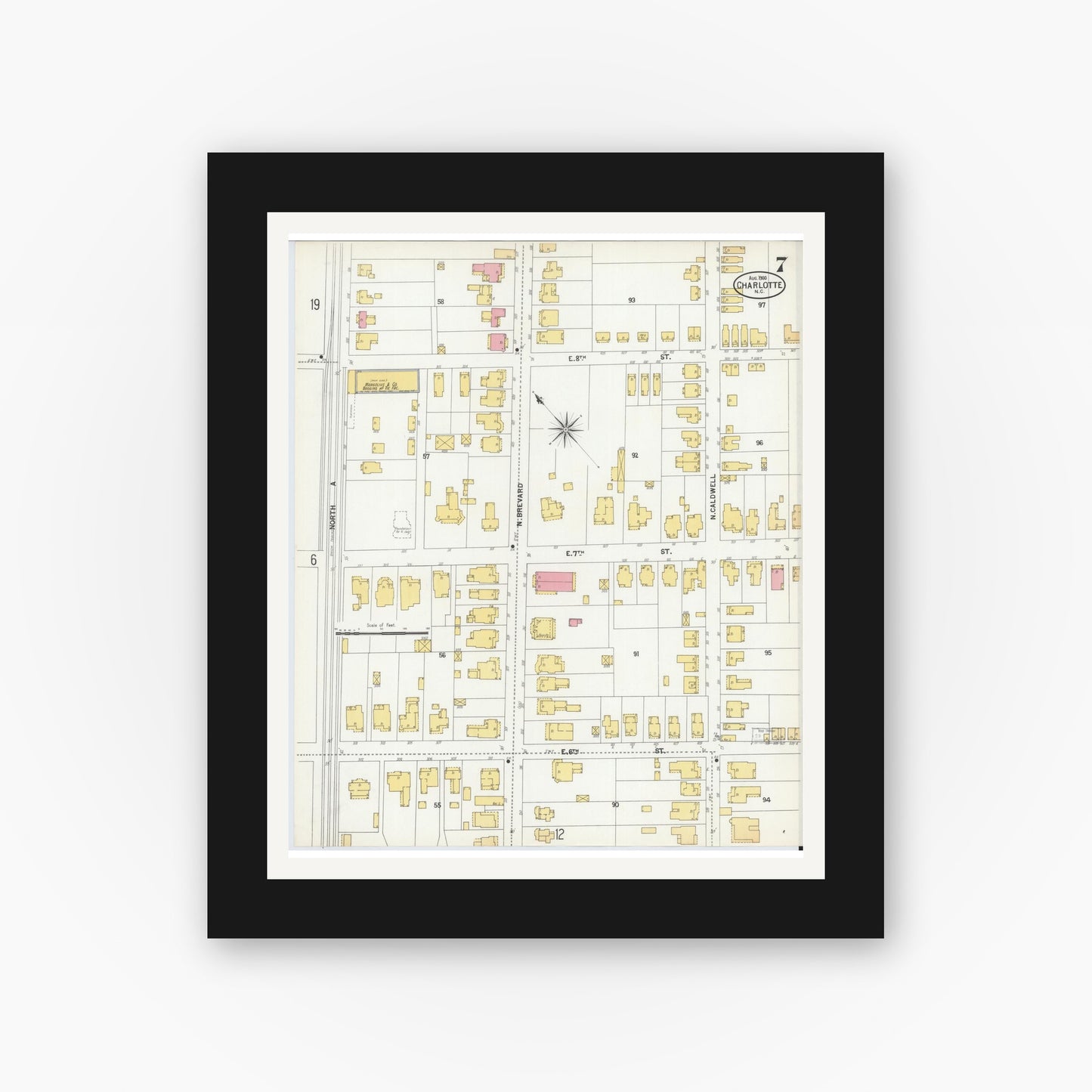 Old map wall art mockup — black gallery frame with white mat — Sanborn Fire Insurance Map from Charlotte, Mecklenburg County, North Carolina (1900), Sheet #0007