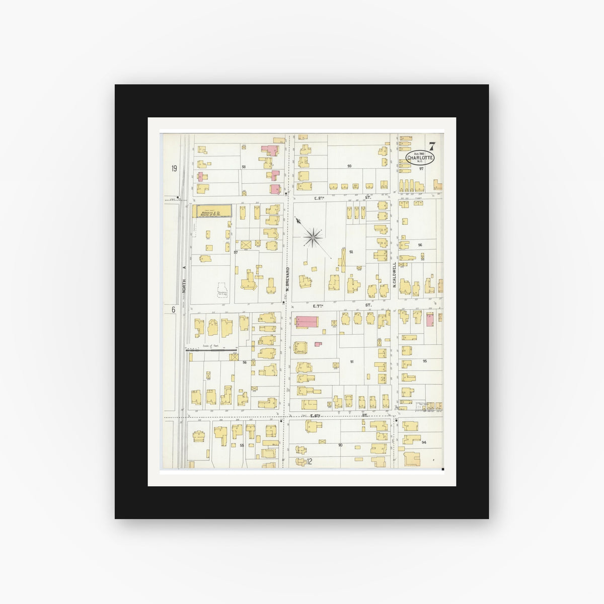 Old map wall art mockup — black gallery frame with white mat — Sanborn Fire Insurance Map from Charlotte, Mecklenburg County, North Carolina (1900), Sheet #0007