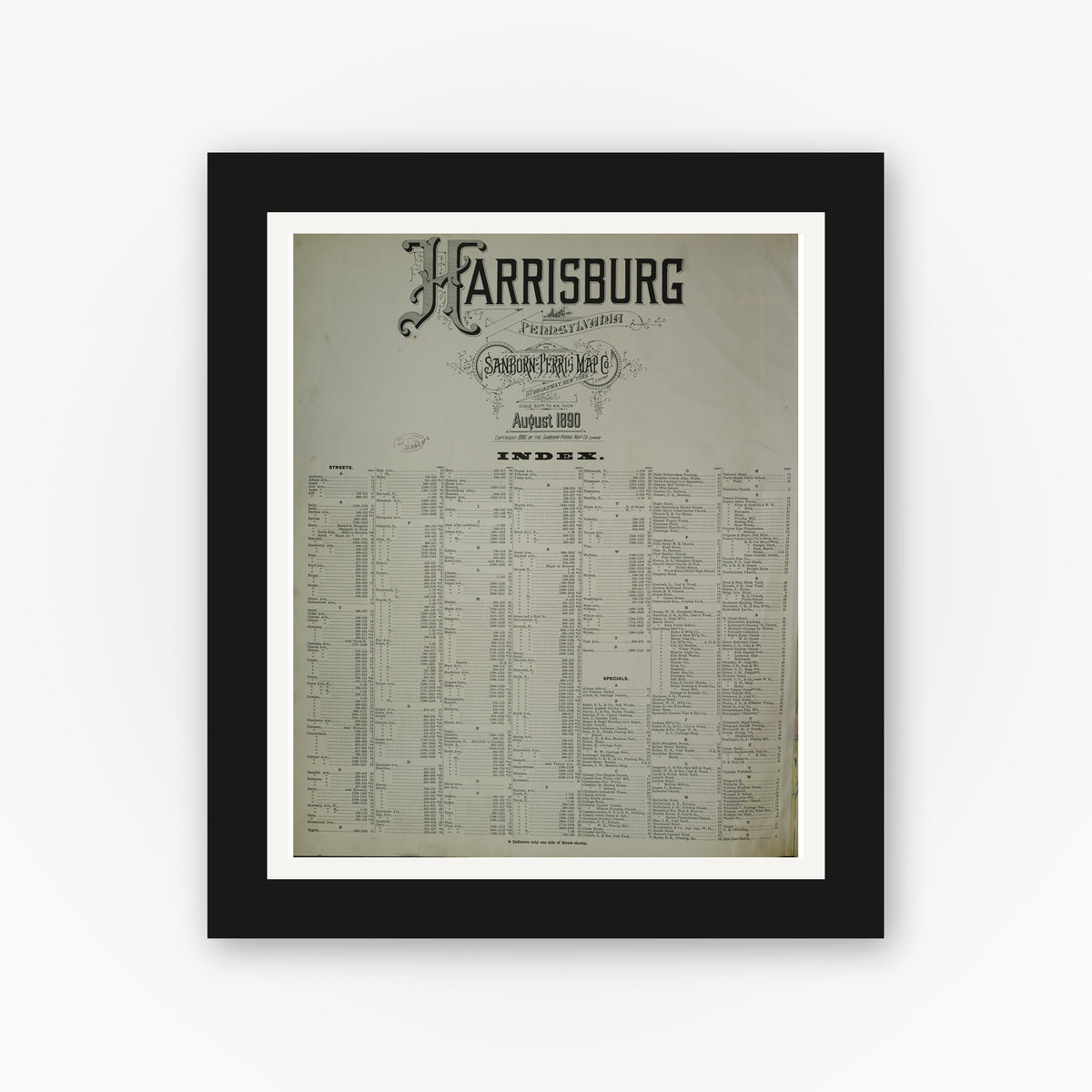 Old map wall art mockup — black gallery frame with white mat — Sanborn Fire Insurance Map from Harrisburg, Dauphin County, Pennsylvania (1890), Sheet #0001
