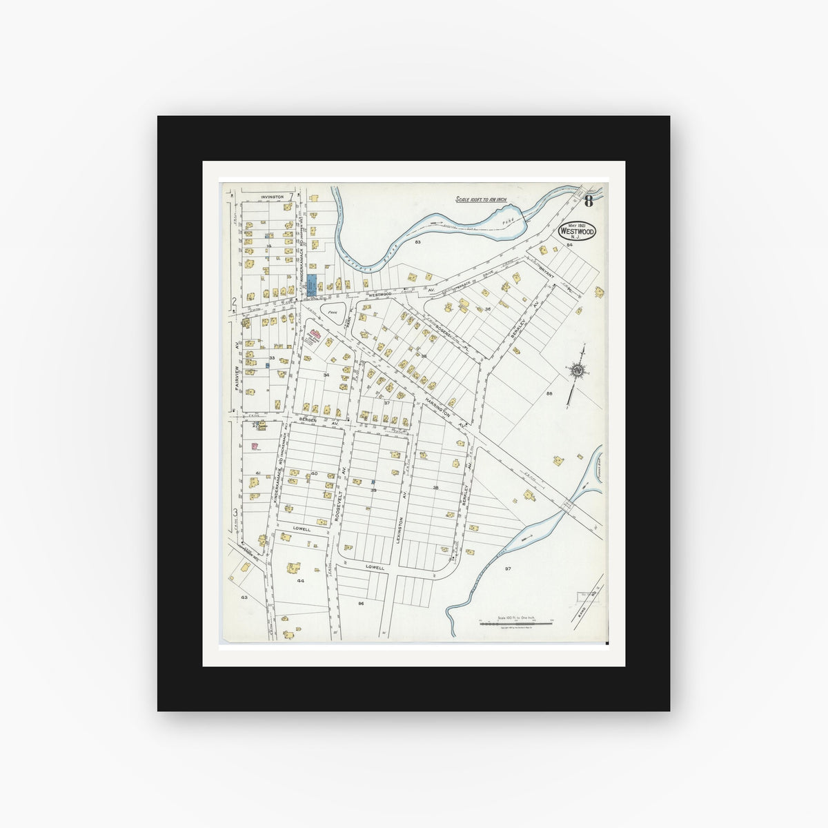 Old map wall art mockup — black gallery frame with white mat — Sanborn Fire Insurance Map from Westwood, Bergen County, New Jersey (1921), Sheet #0008